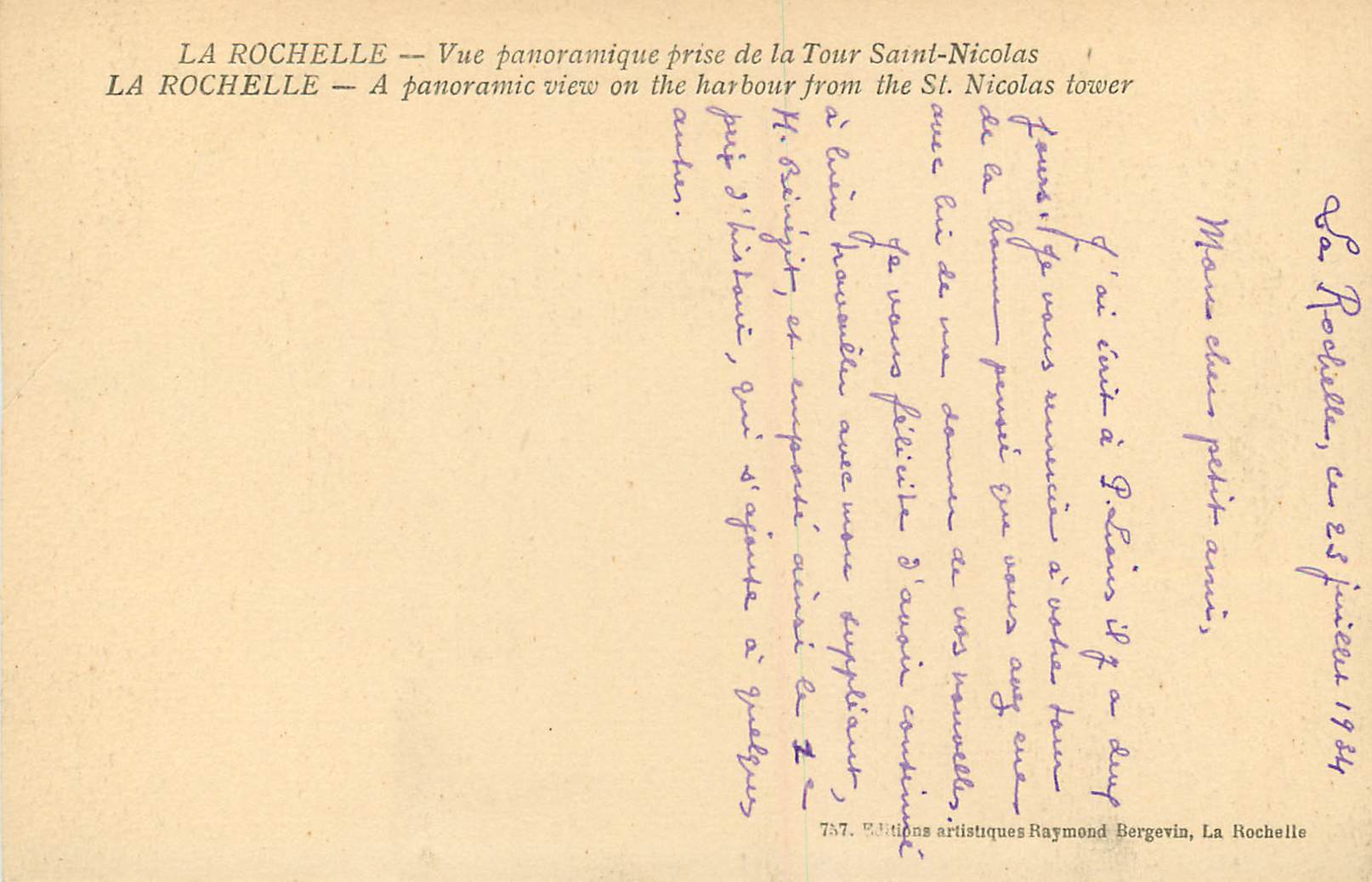 La Rochelle — Vue panoramique prise de la Tour Saint-Nicolas — Éditions artistiques Raymond Bergevin, n°757 — Rückseite