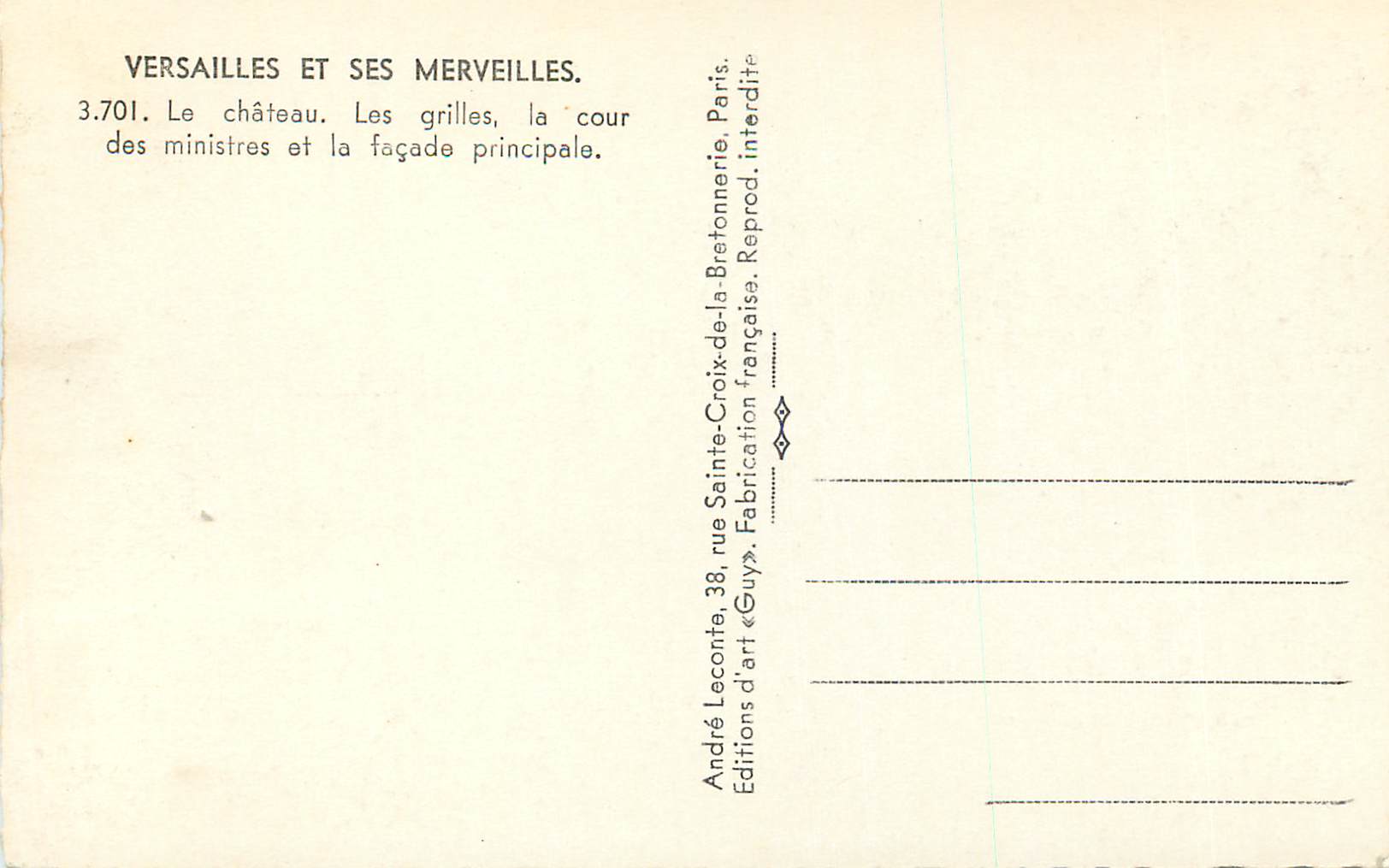 CPM Versailles et ses Merveilles le Chateau les Grilles la Cour des Ministres et la Facade Principale — Verso