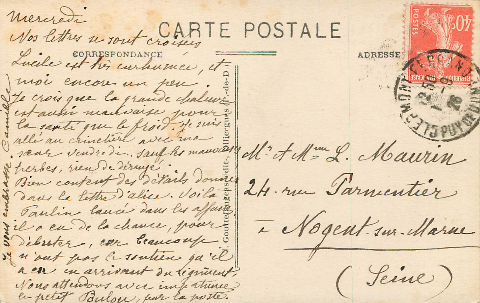 Le PUY-de-DOME vu du côté Nord — avec le chemin romain et la ligne du chemin de fer — G. d'o - 545 — Rückseite