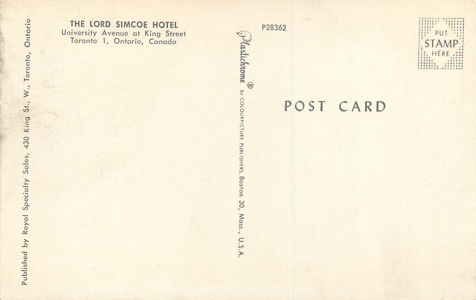 CPM the Lord Simcoe Hotel University Avenue of King Street Toronto Ontario Canada — Back