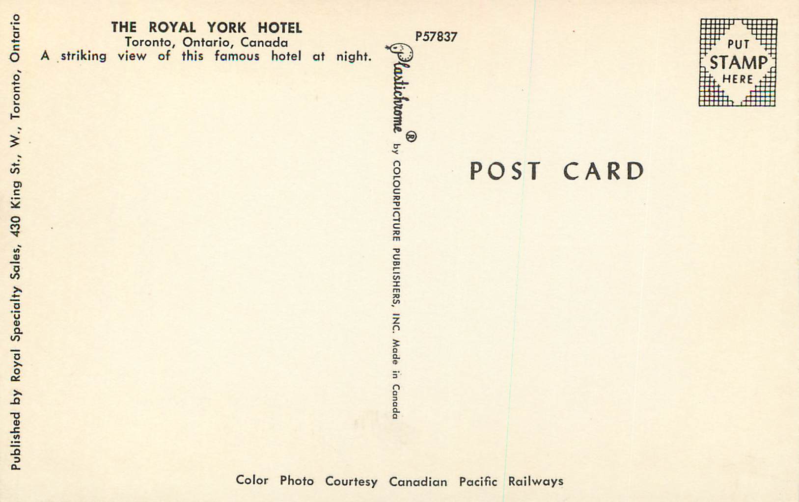 CPM the Royal York Hotel Toronto Ontario Canada — Back