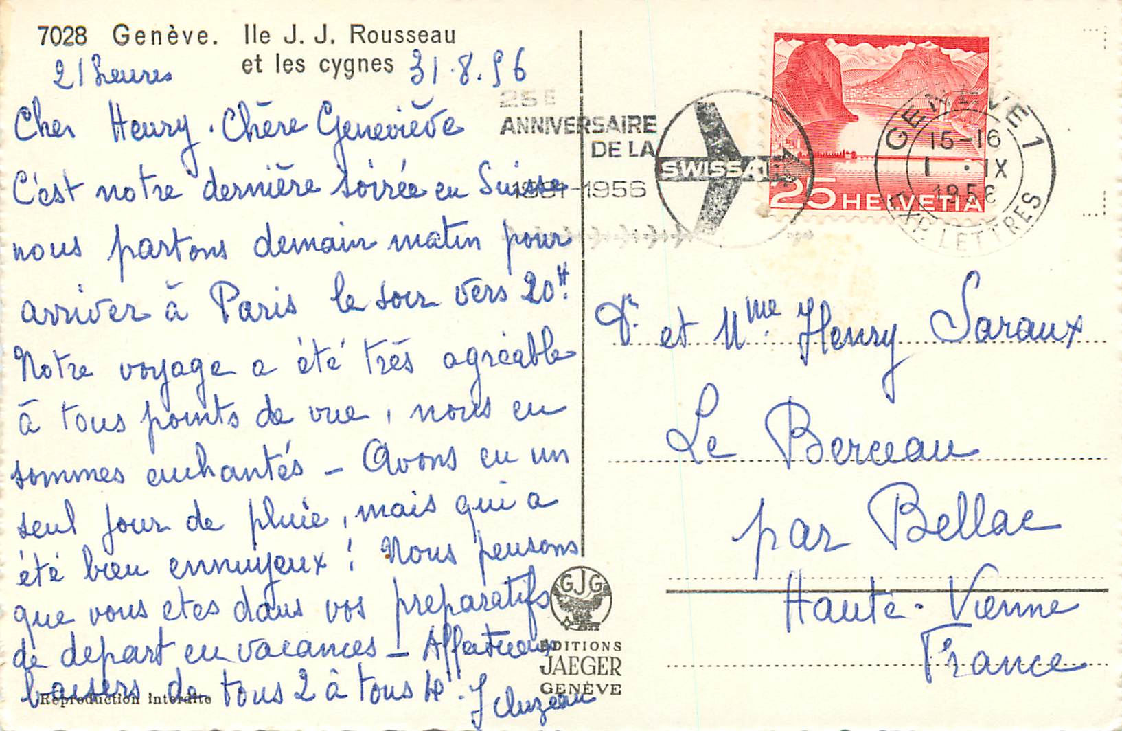 CPM Geneve Ile JJ Rousseau et les Cygnes — Verso