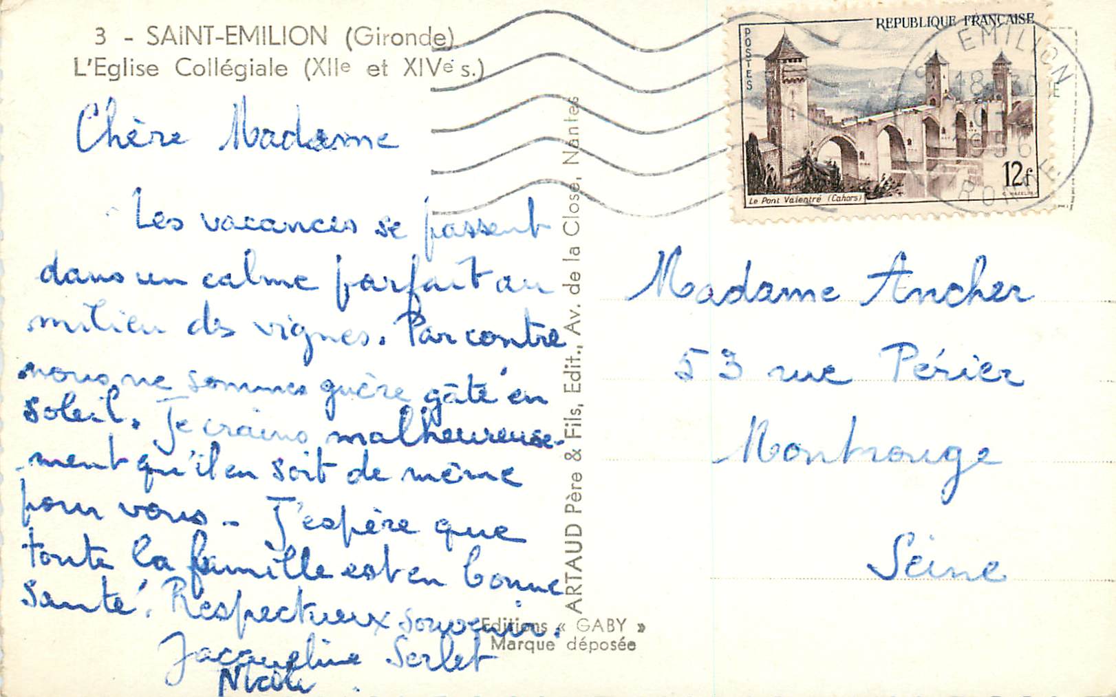 CPM Saint Emilion (Gironde) l'Eglise Collegiale (XIIe et XIVe s) — Rückseite