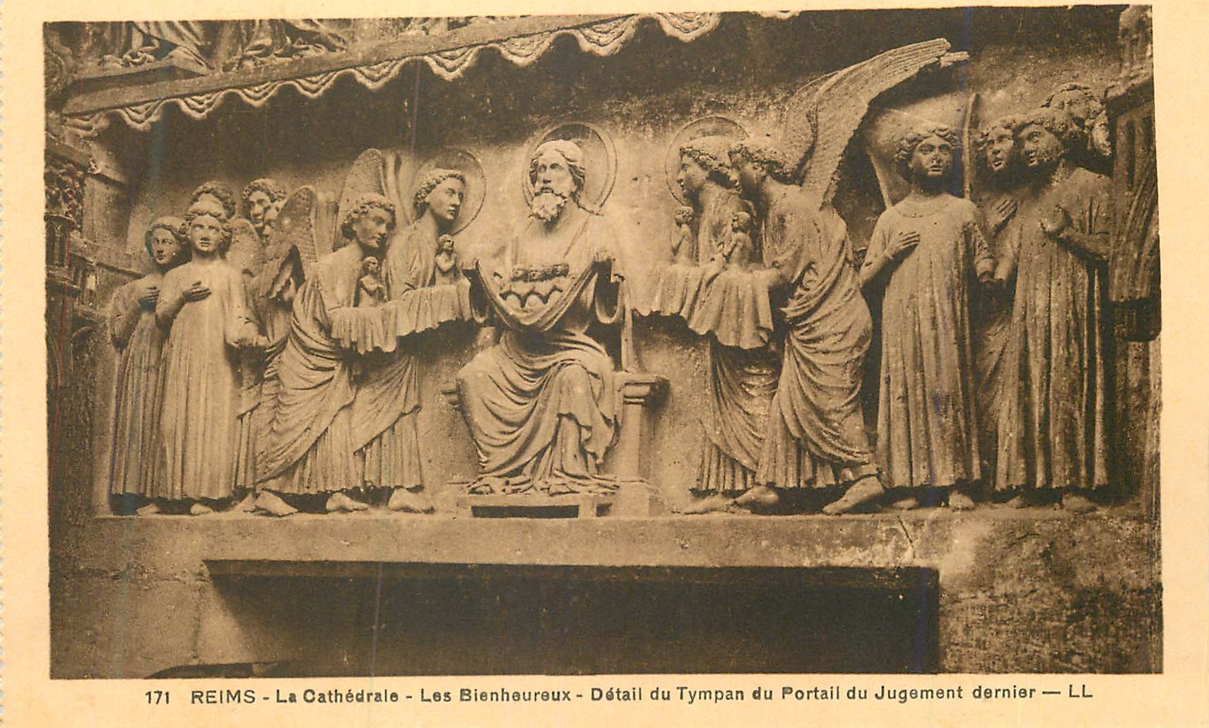 CPA Reims la Cathedrale les Bienheureux Detail du Tympan du Portail du Jugement Dernier 