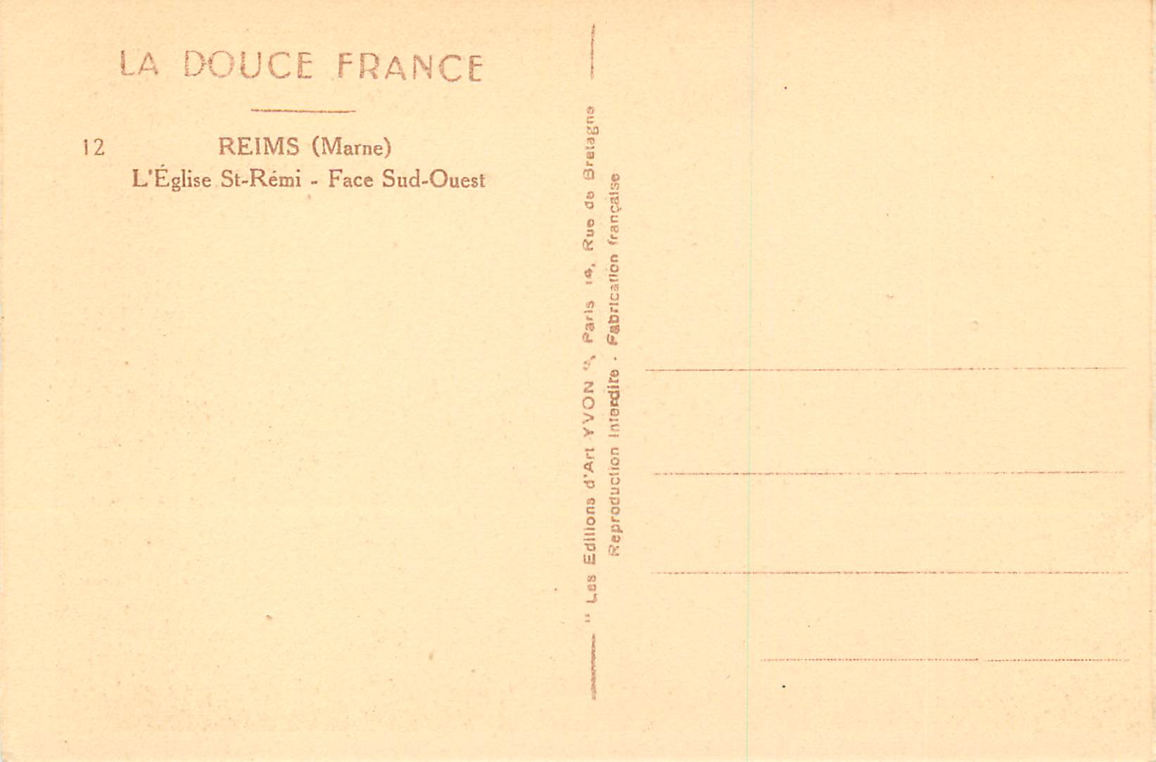 CPA Reims (Marne)l'Eglise St Remi Face Sud Ouest — Rückseite