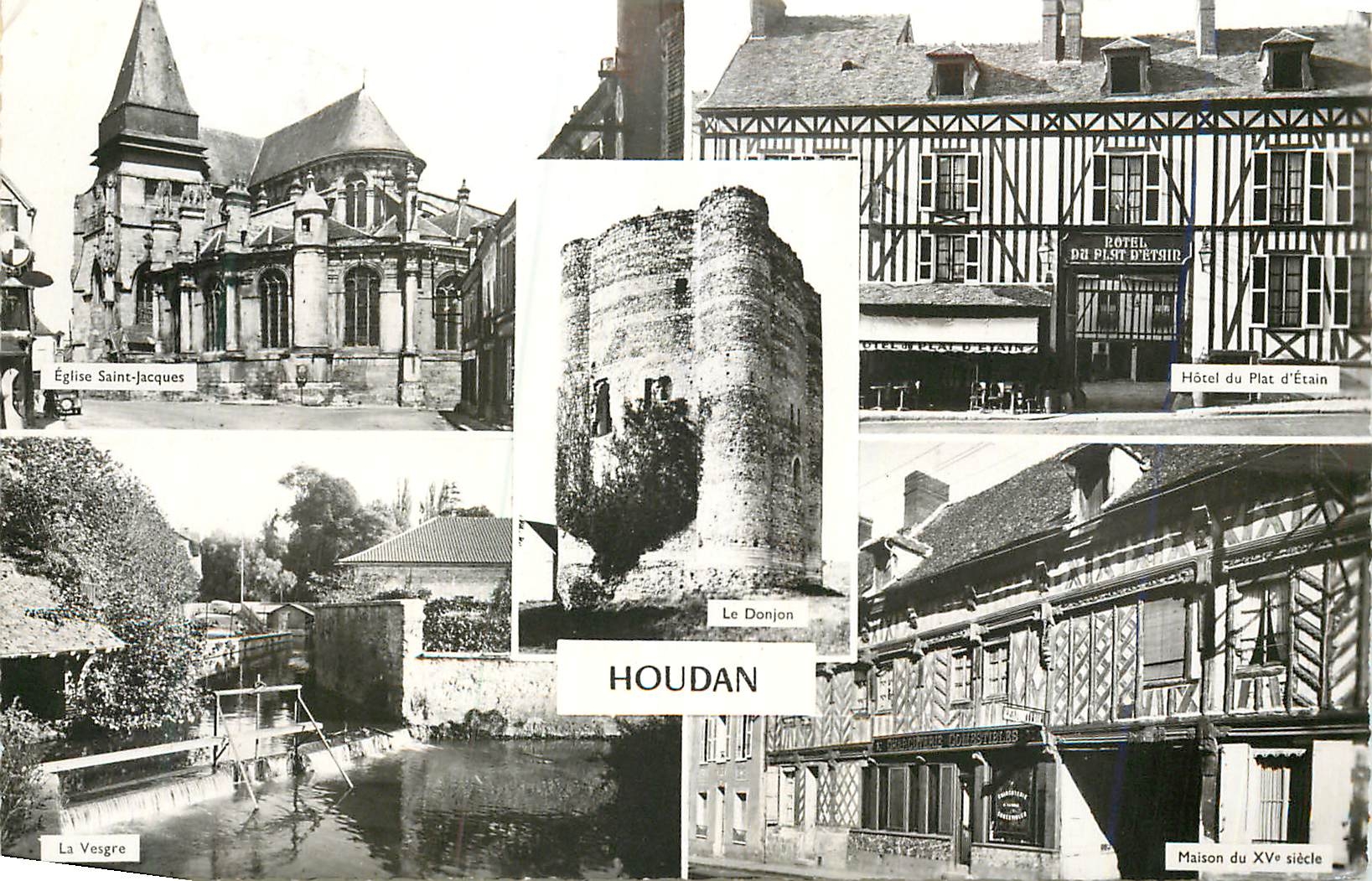 CPM Houdan(S et O) Eglise Saint Jacques le Dojon Hotel du Plat d'Etain la Vesgre Maison du XVe Siecle