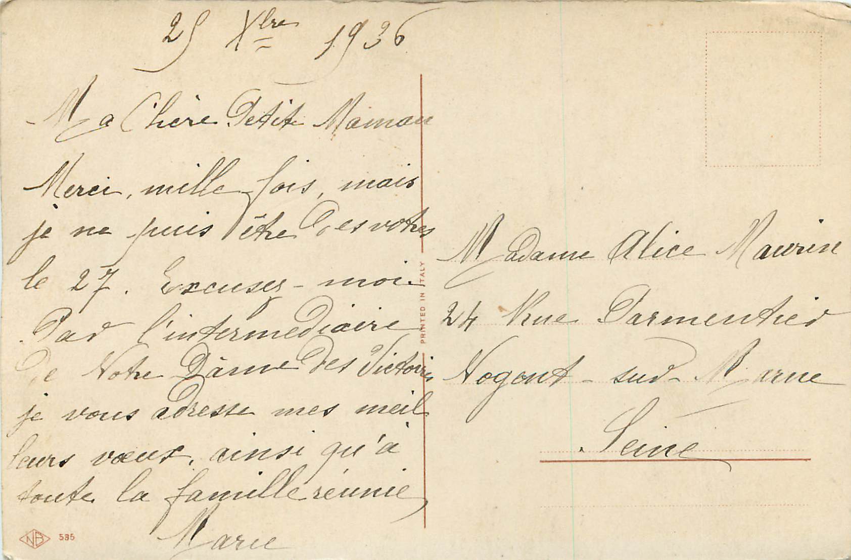 CPA Vierge Ange — Verso
