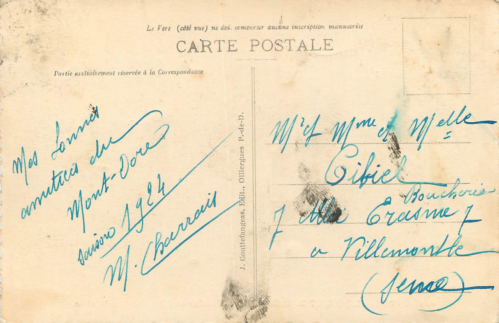 CPA le Mont Dore Vallee d'Enfer et Aiguilles du Diable — Verso