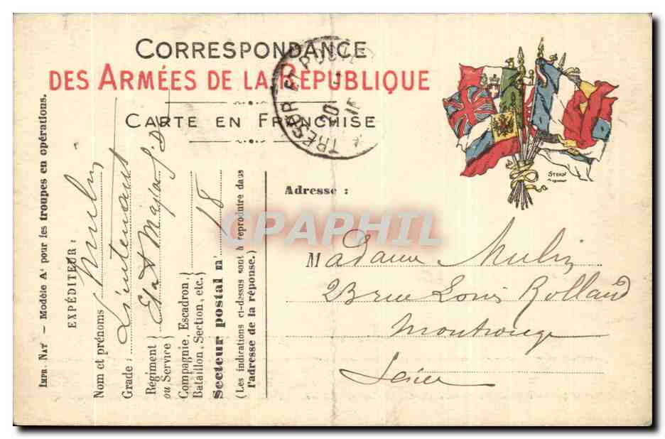 Correspondance Des Armes de La Republique-Carte en Franchise-Model A pour les troupes en operations- CPA