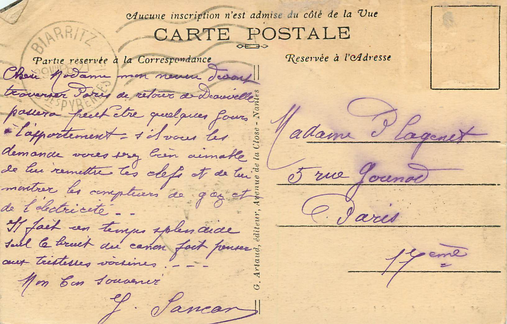 CPA Biarritz Effet de Nuit au Phare — Verso