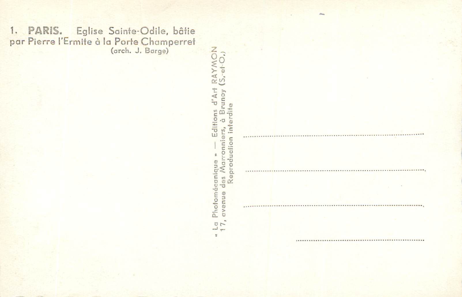 CPM Paris Eglise Sainte Odile Batie par Pierre L'Ermite a la Porte Champerret — Rückseite