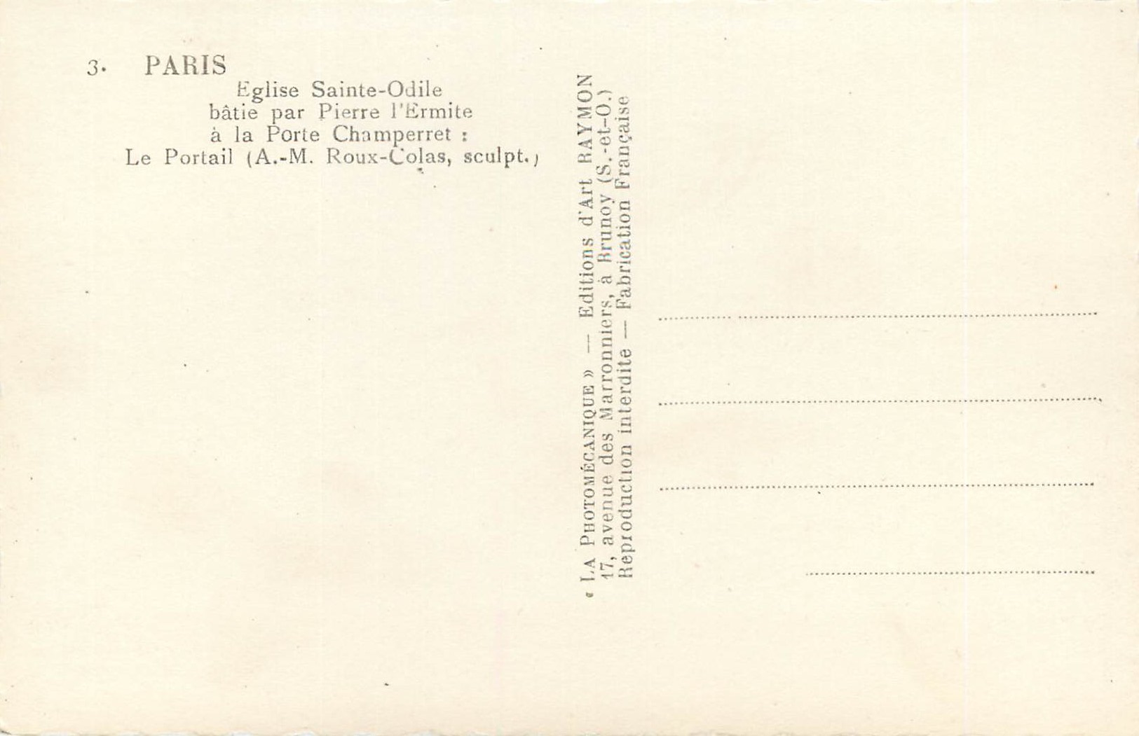 CPM Paris Eglise Sainte Odile Batie par Pierre L'Ermite a la Porte Champerret (A M Roux Colas Sculpt) — Rückseite