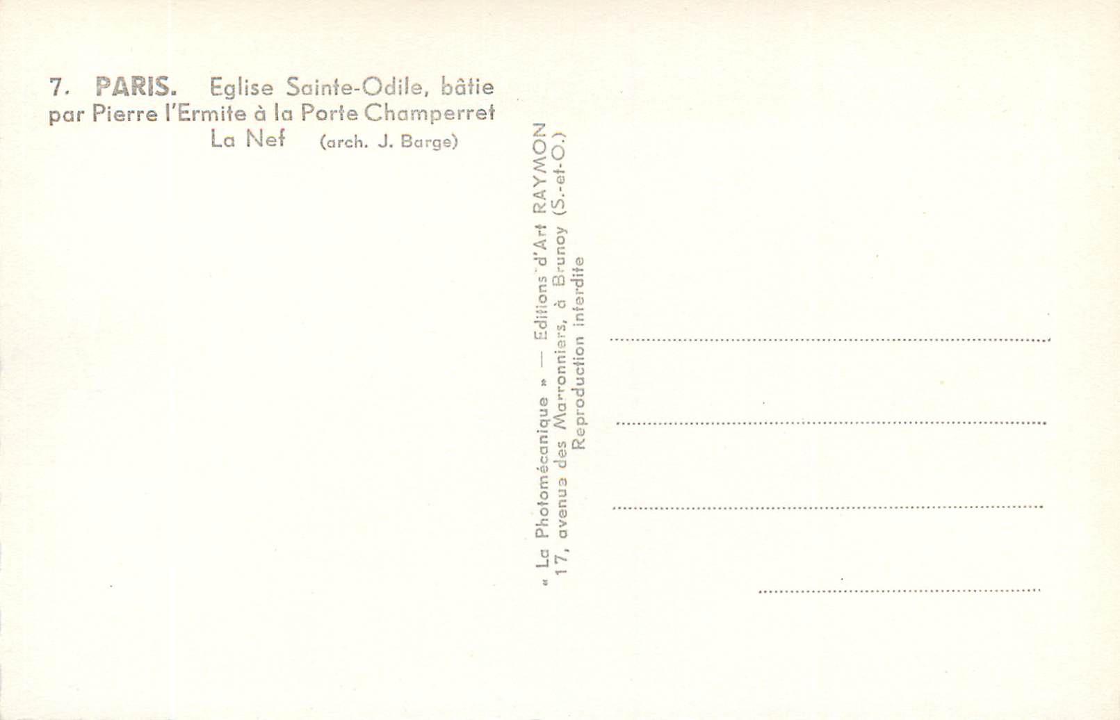 CPM Paris Eglise Sainte Odile Batie par Pierre L'Ermite a la Porte Champerret (Arch J Barge) — Rückseite