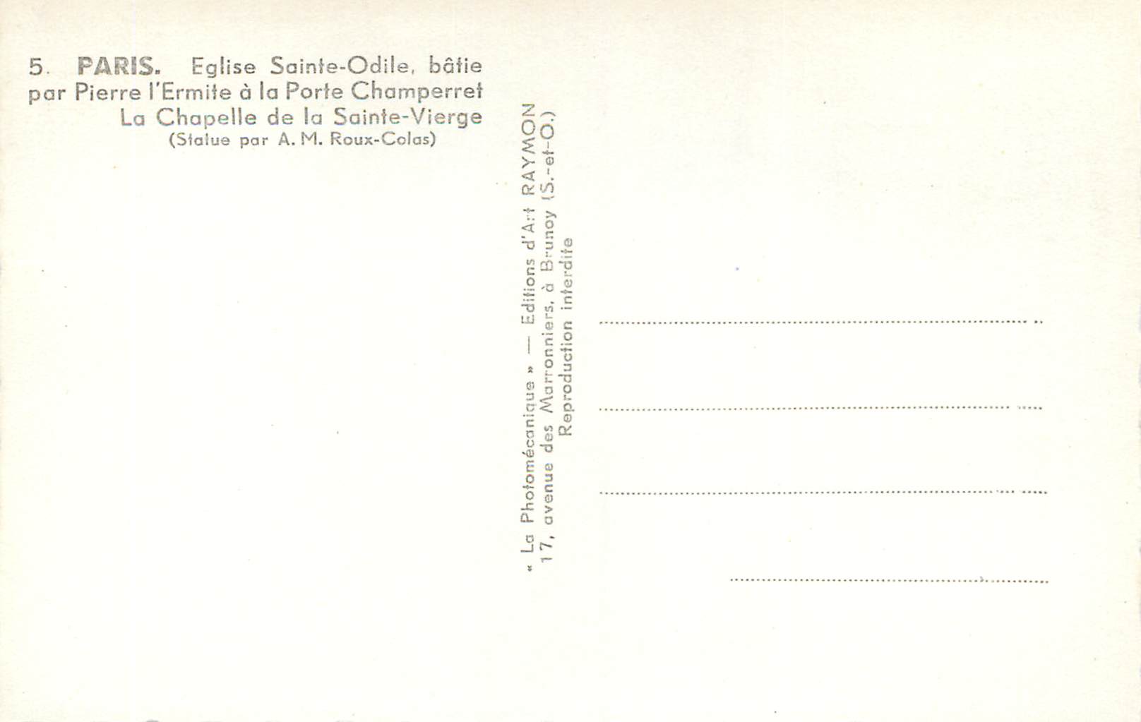 CPM Paris Eglise Sainte Odile Batie par Pierre L'Ermite a la Porte Champerret (La Chapelle de la Sainte Viere — Rückseite