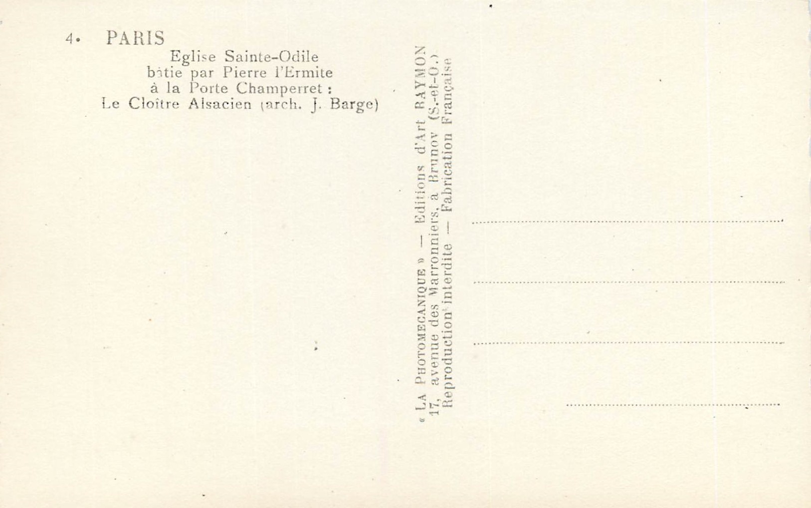 CPM Paris Eglise Sainte Odile Batie par Pierre L'Ermite a la Porte Champerret (Le Cloitre Alsacien arch J Barge) — Verso