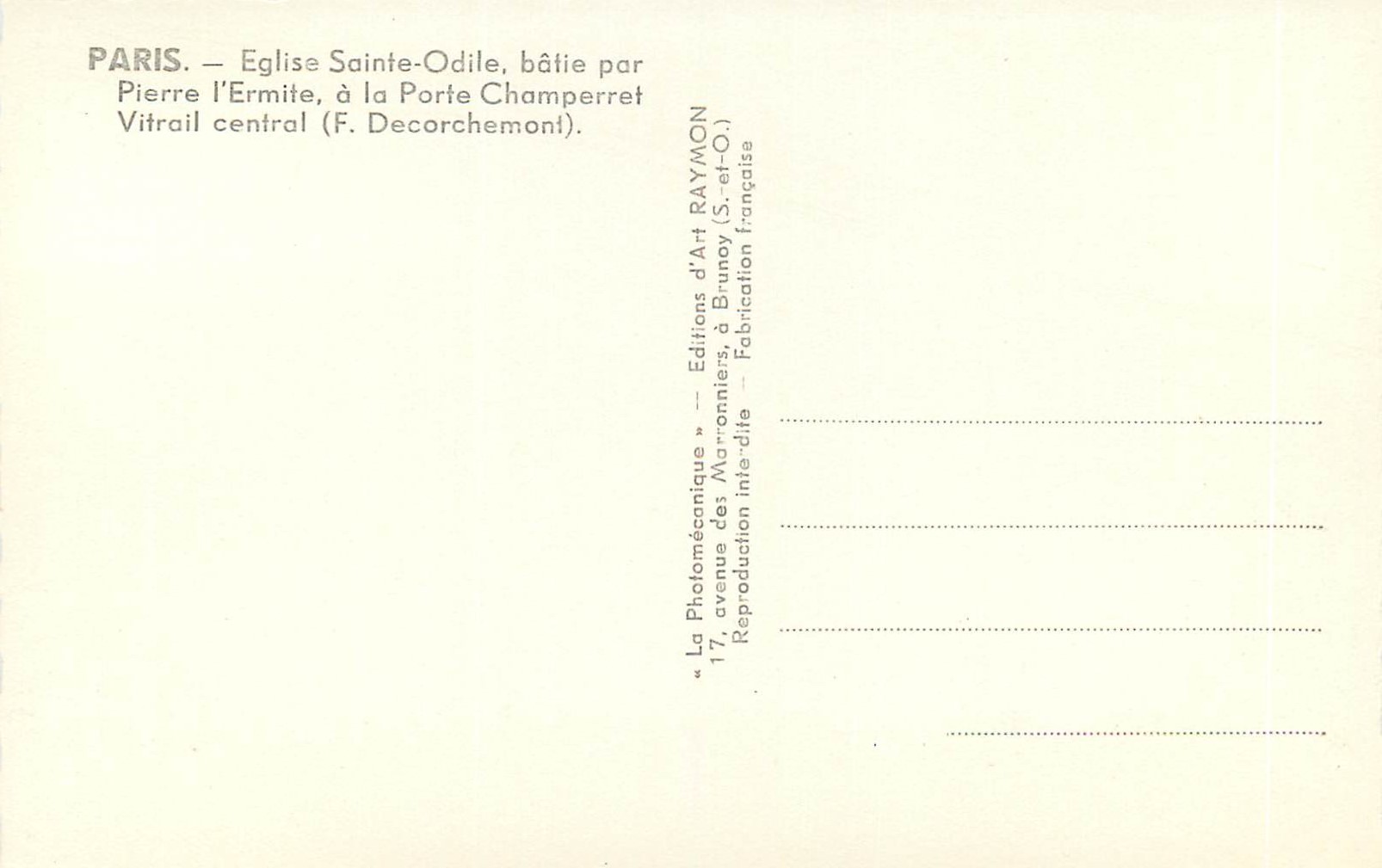 CPM Paris Eglise Sainte Odile Batie par Pierre L'Ermite a la Porte Champerret (Vitrail Central F Decorchemont) — Rückseite