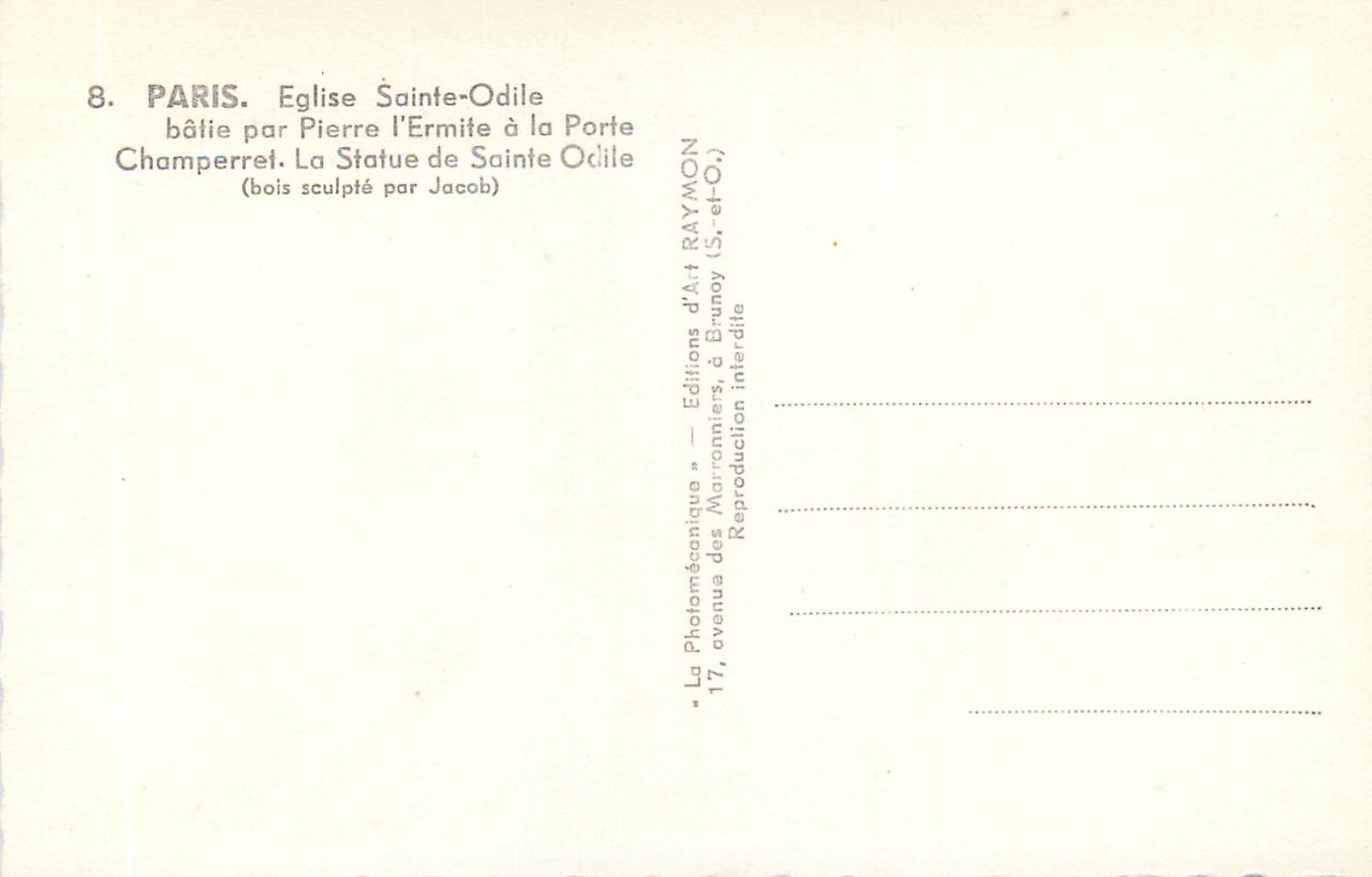 CPM Paris Eglise Sainte Odile Batie par Pierre L'Ermite a la Porte Champerret Statue de Sainte Odile (Bois Sculpte par J — Rückseite