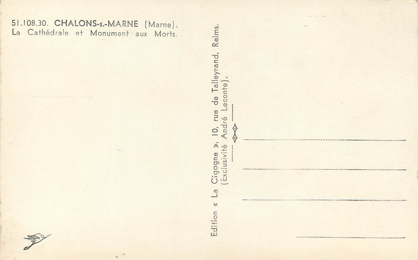 Chalons-sur-Marne — Cathédrale et Monument aux Morts — Édition La Cigogne — Rückseite