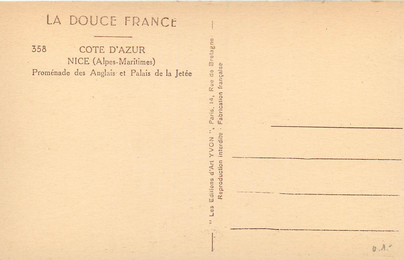 CPA La Douce France Cote d'Azur Nice(Alpes Maritimes) Promenade des Anglais et Palais de la Jetee — Rückseite
