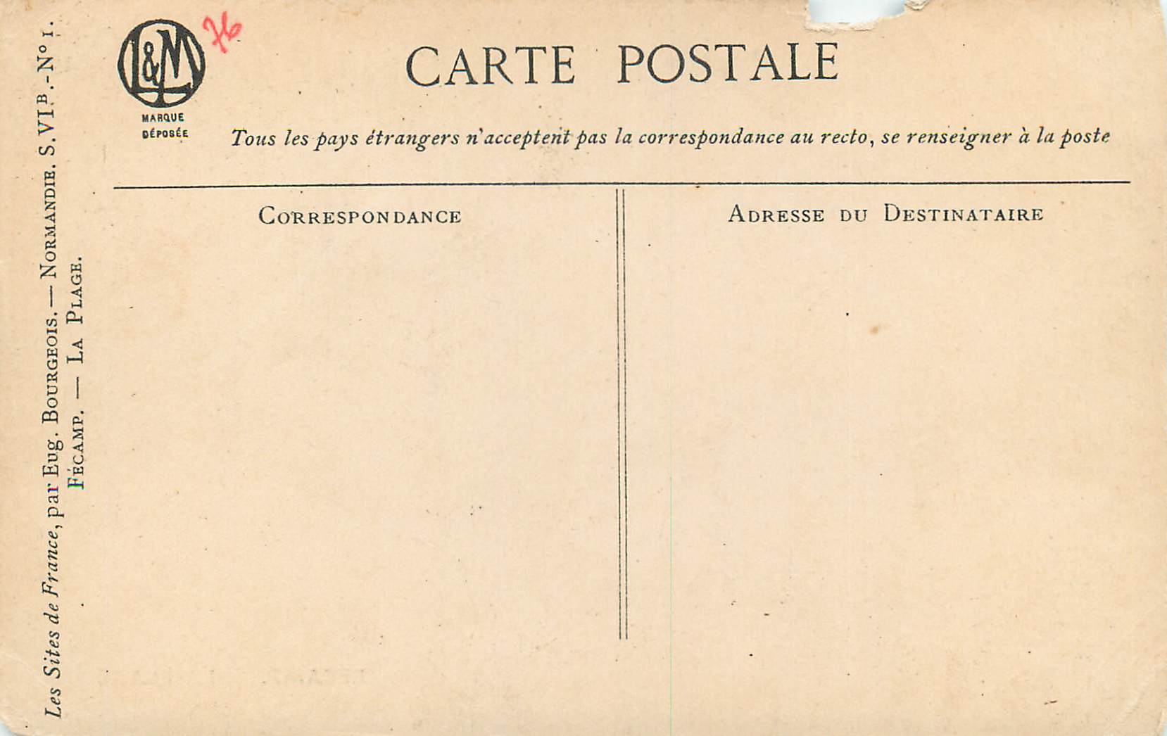 CPA Les Sites de France par Eug Bourgeois Normandie la Plage — Rückseite