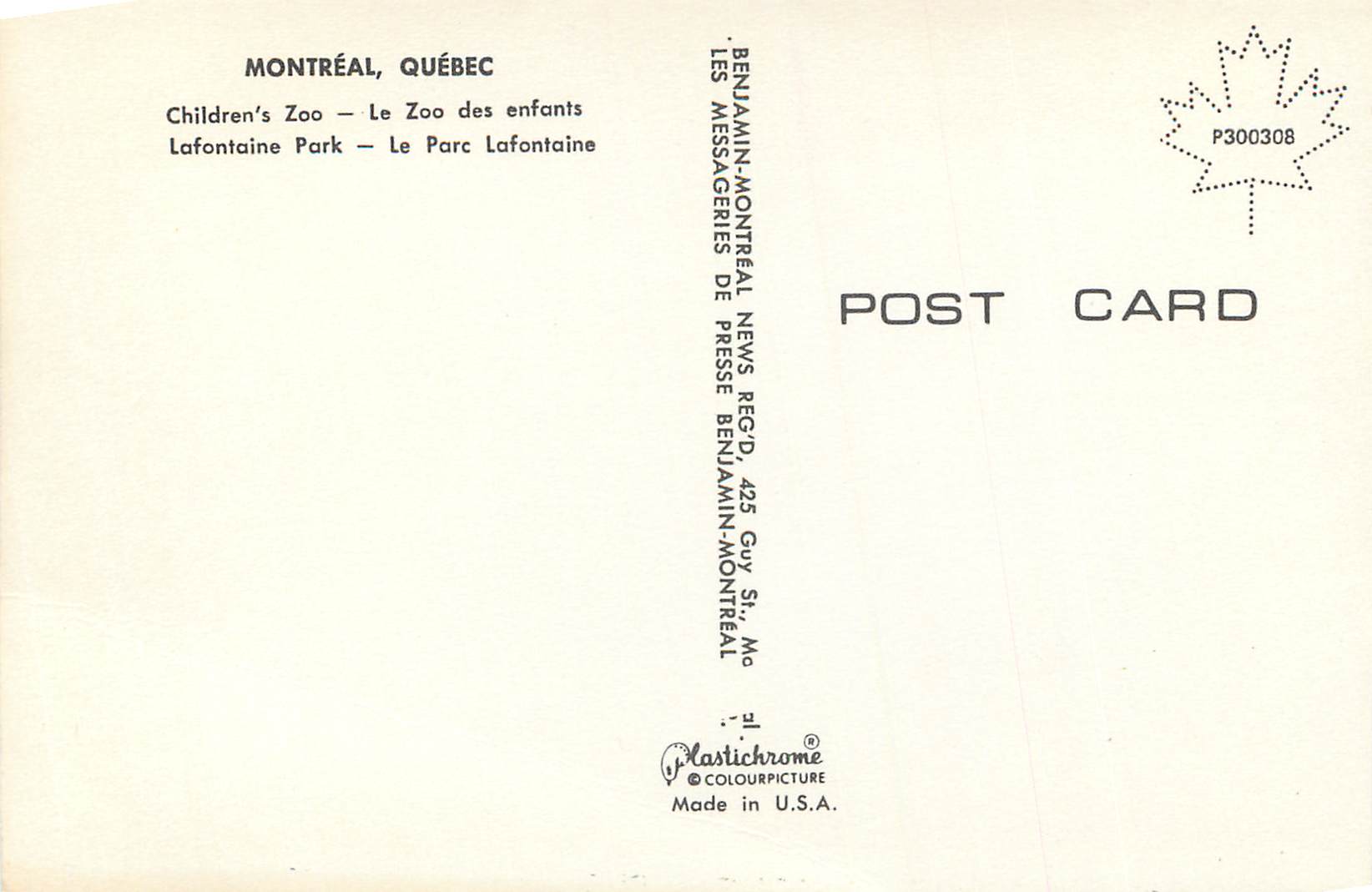 CPM Le zoo des Enfants Le Parc Lafontaine — Back