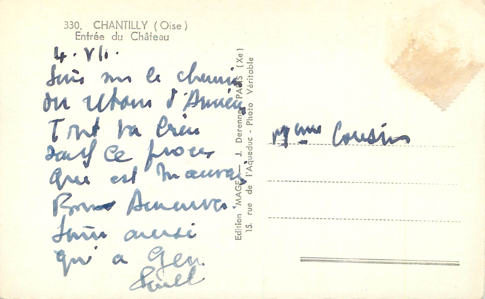 CPM Chantilly (Oise) Entree du Chateau — Verso