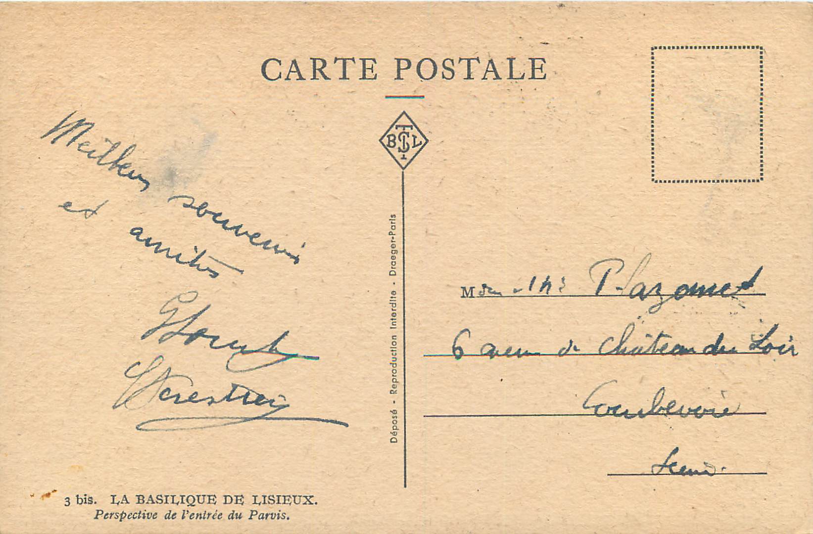 La Basilique de Lisieux — Perspective de l'entrée du Parvis — éditeur BCL, n° 3 bis — Rückseite