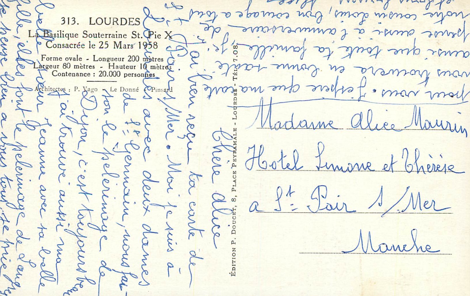 CPA Lourdes La Basilique Souterraine St Pie X Consacree le 25 Mars 1958 — Verso