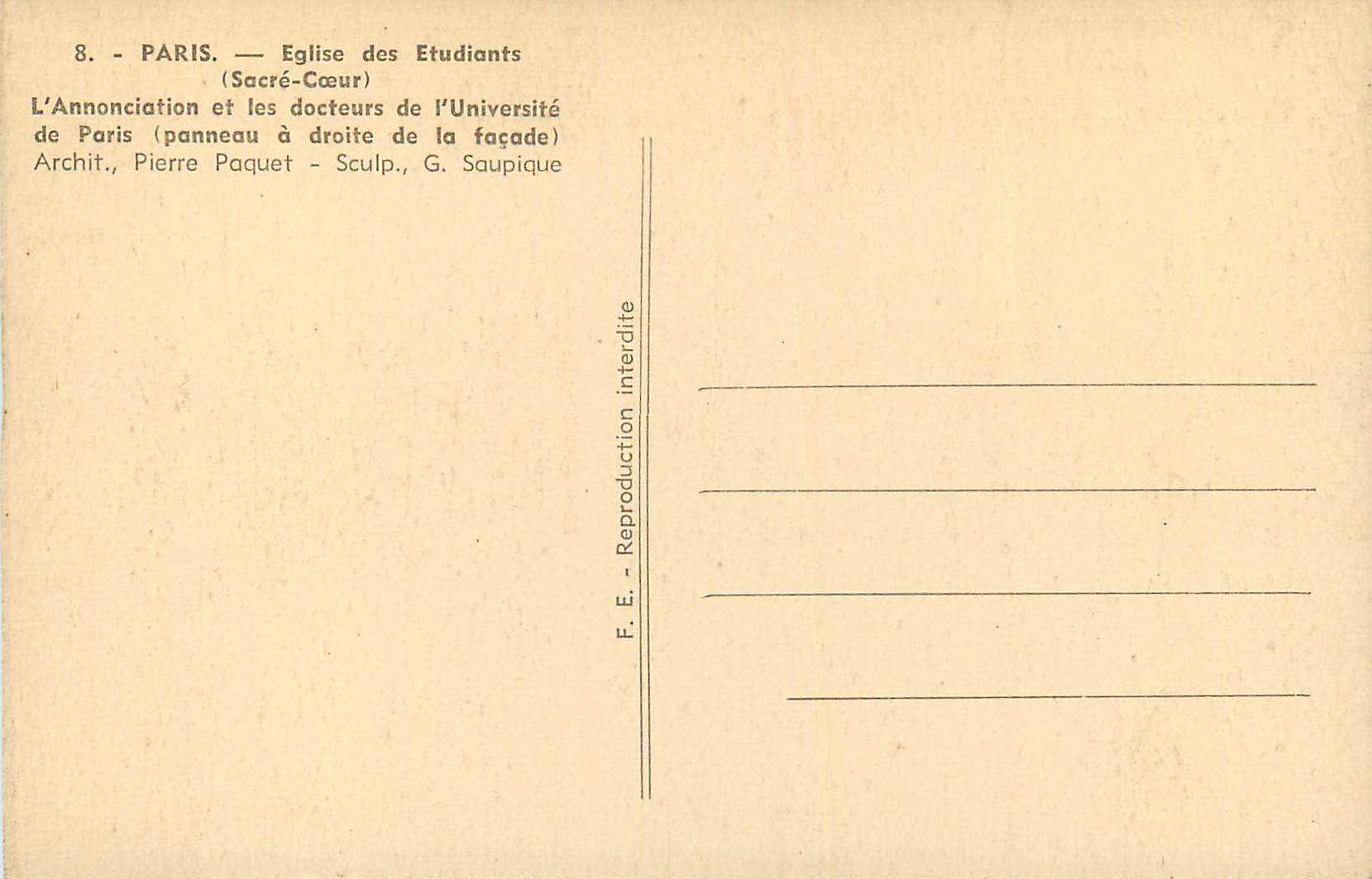 CPA Paris Eglise des Etudiants (Sacre Coeur) L'Annonciation et les Docteurs de l'Universite de Paris — Rückseite