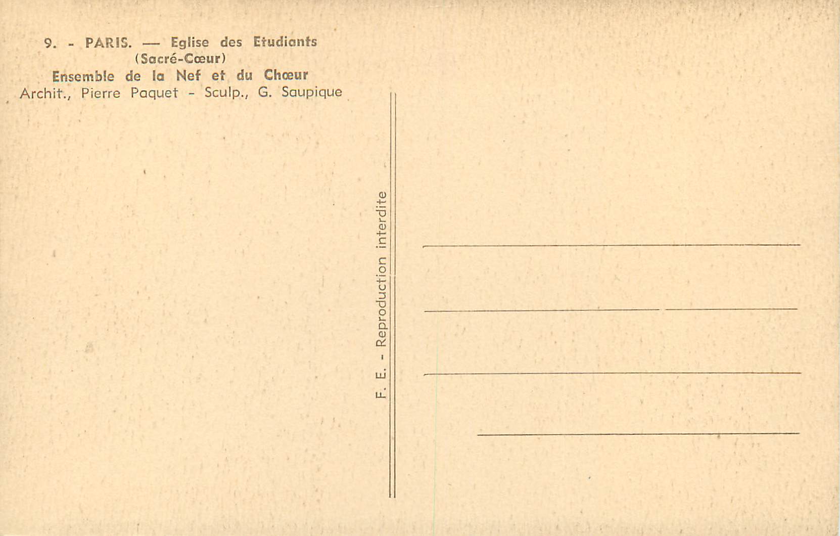 CPA Paris Eglise des Etudiants (Sacre Coeur) Ensemble de la Nef et du Choeur — Rückseite