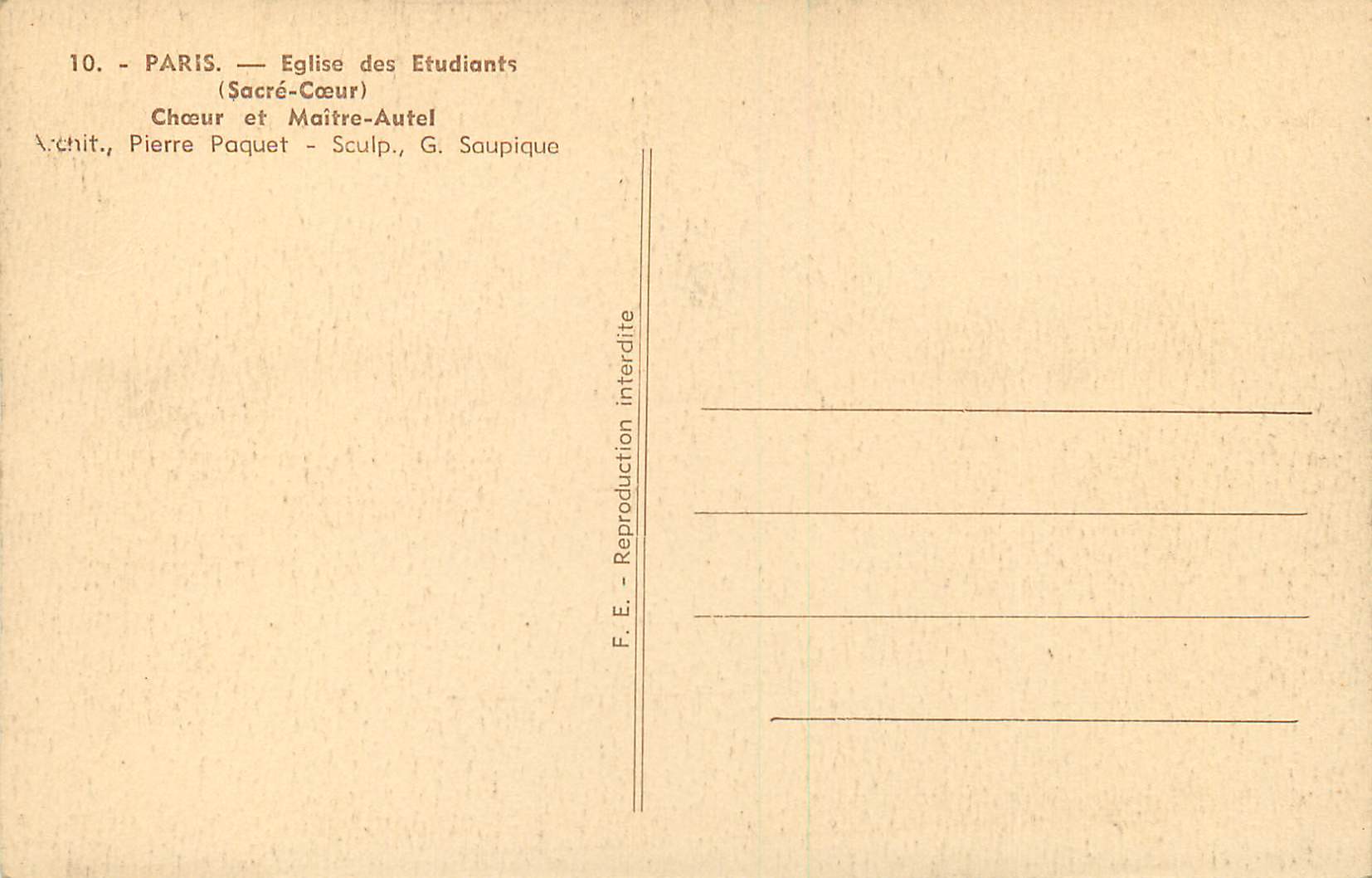 CPA Paris Eglise des Etudiants (Sacre Coeur) Choeur et Maitre Autel — Rückseite