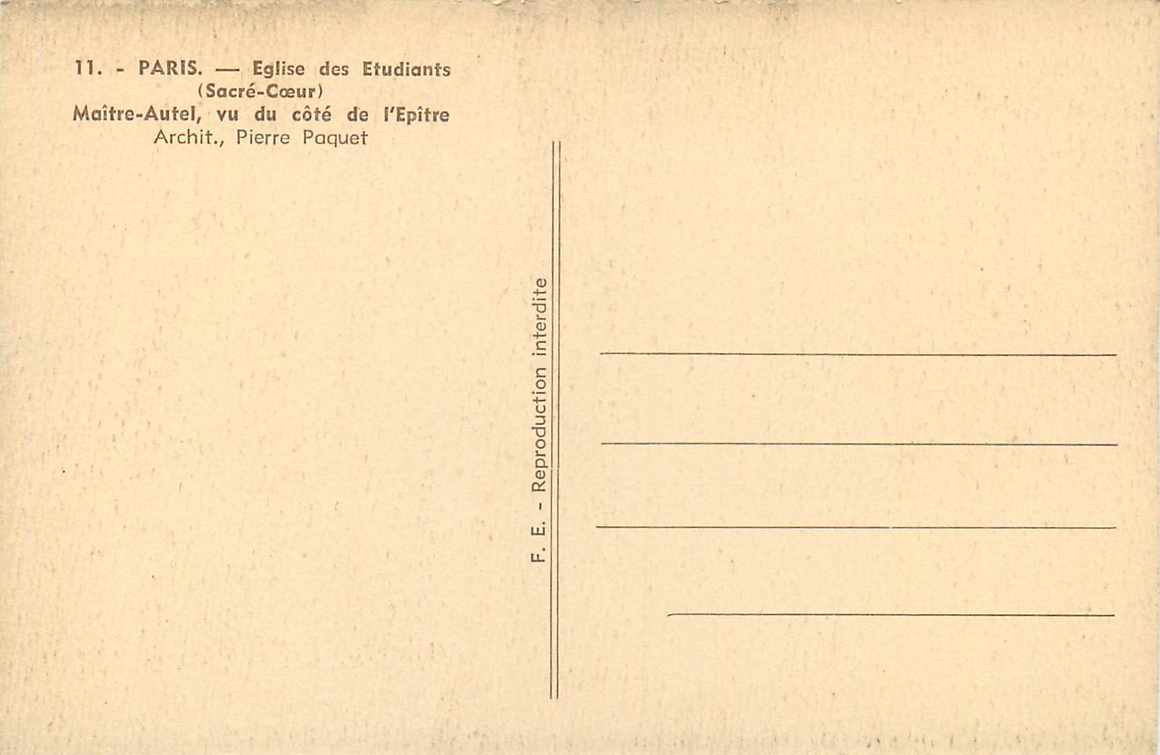 CPA Paris Eglise des Etudiants (Sacre Coeur) Maitre d'Autel Vu du Cote de l'Epitre — Rückseite