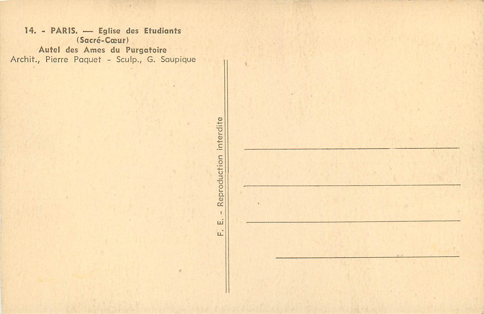 CPA Paris Eglise des Etudiants (Sacre Coeur) Autel des Ames du Purgatoire — Rückseite