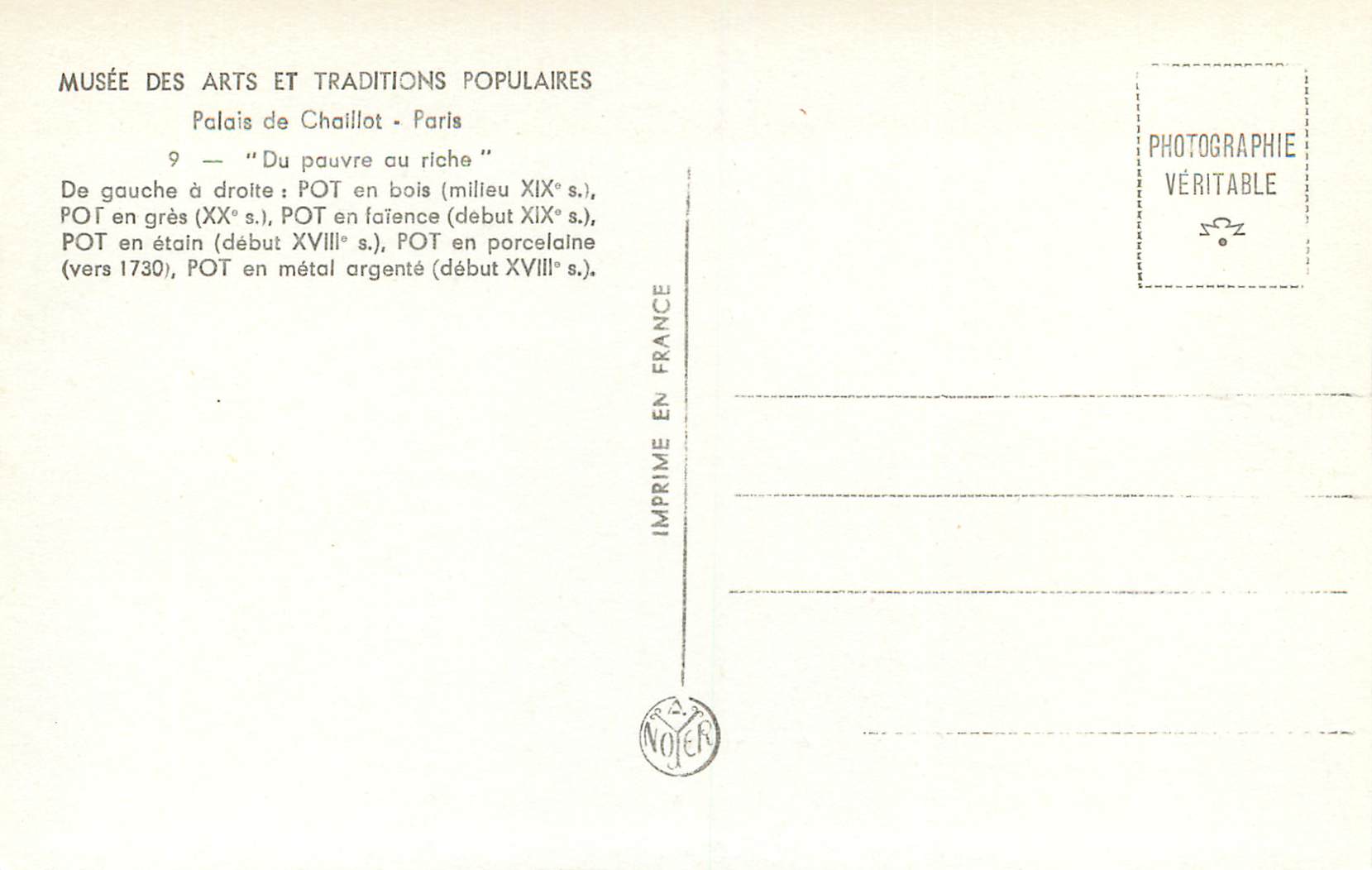 CPM Musee des Arts et Traditions Populaires Palais de Chaillot Paris — Rückseite