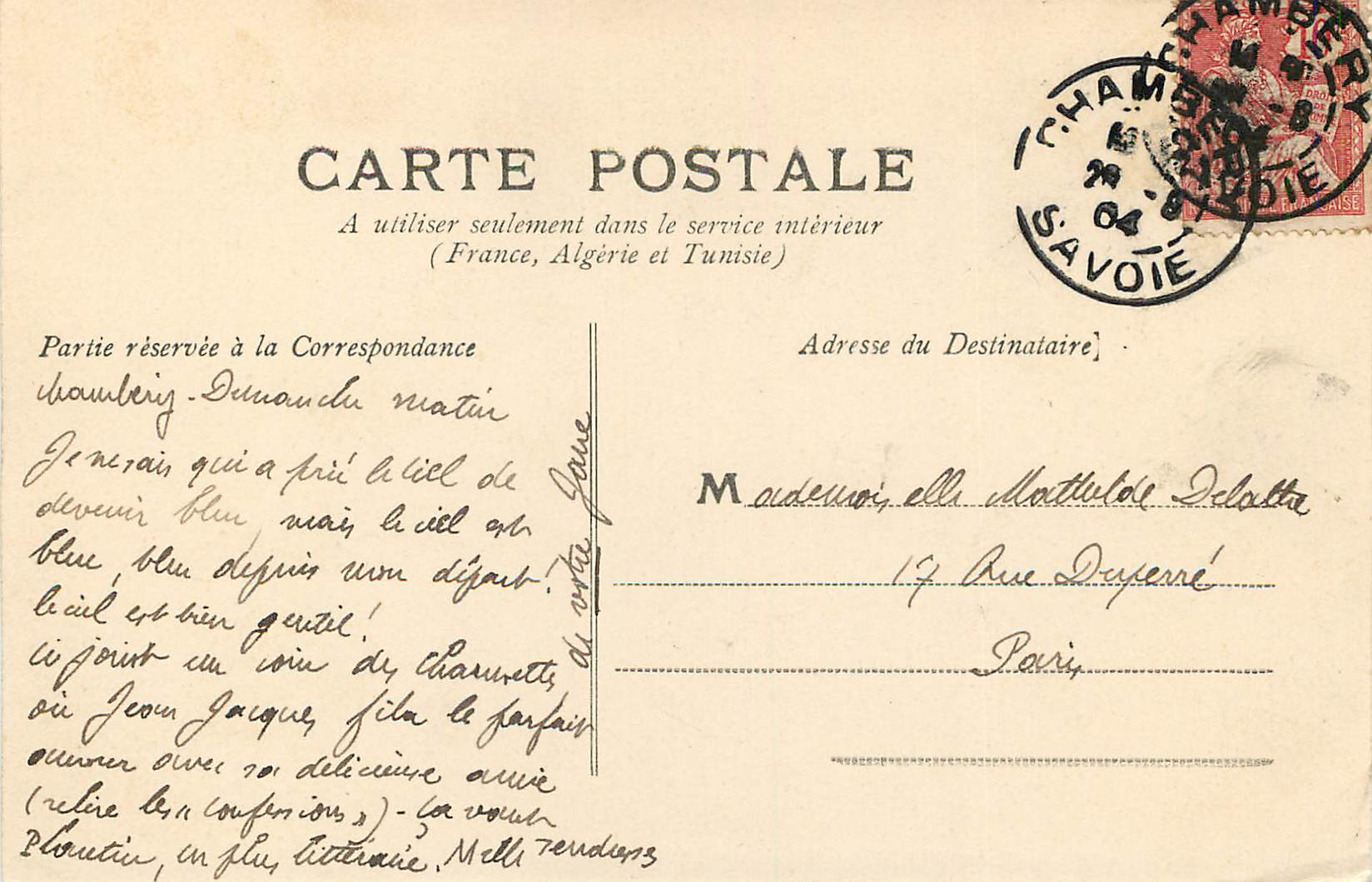 CPA Les charmettes Chambre de J J Rousseau — Rückseite