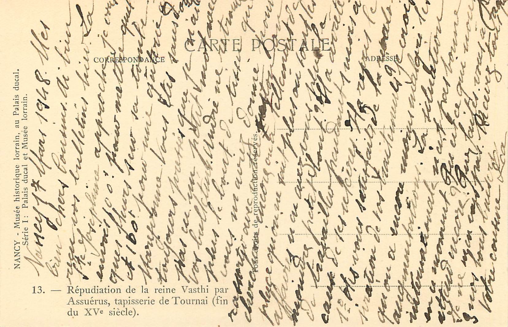 CPA Nancy Musee Historique Lorrain au Palais Ducal Repudiation de la Reine Vasthi par Assuerus (fin XVe S) — Rückseite