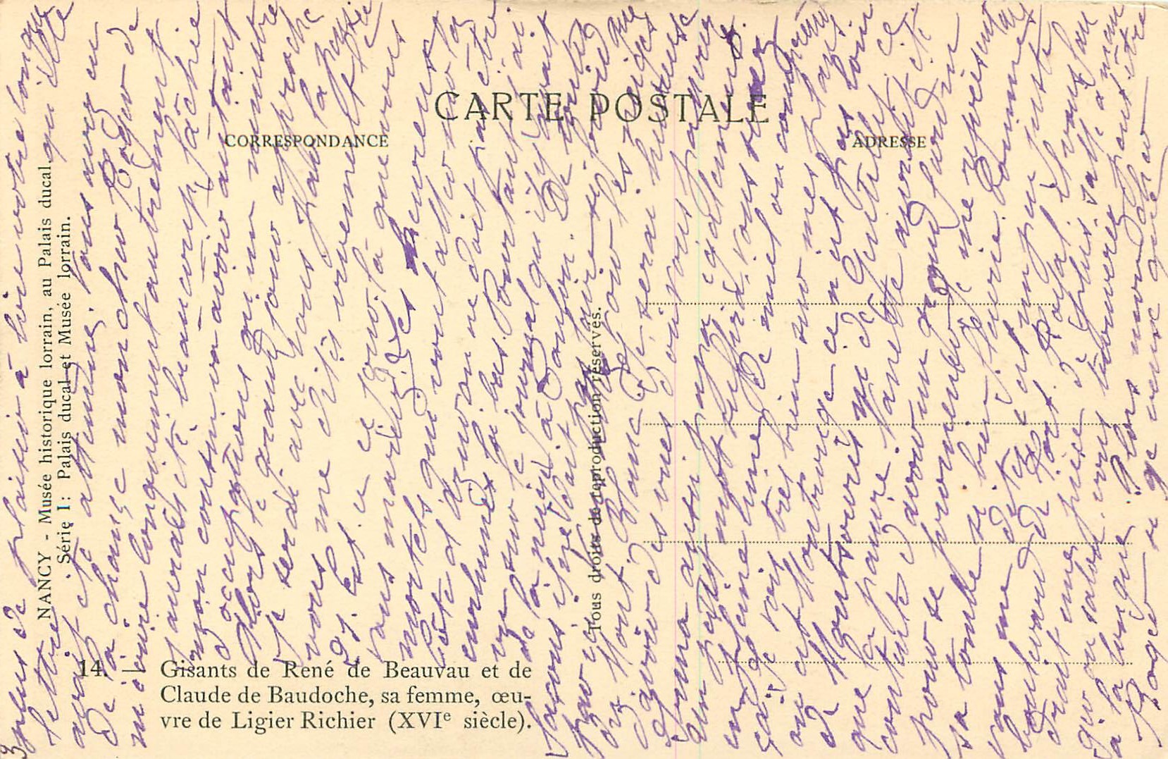 CPA Nancy Musee Historique Lorrain au Palais Ducal Gisants de Rene de Beauvauet Claude de Baudoche XVIe S) — Rückseite