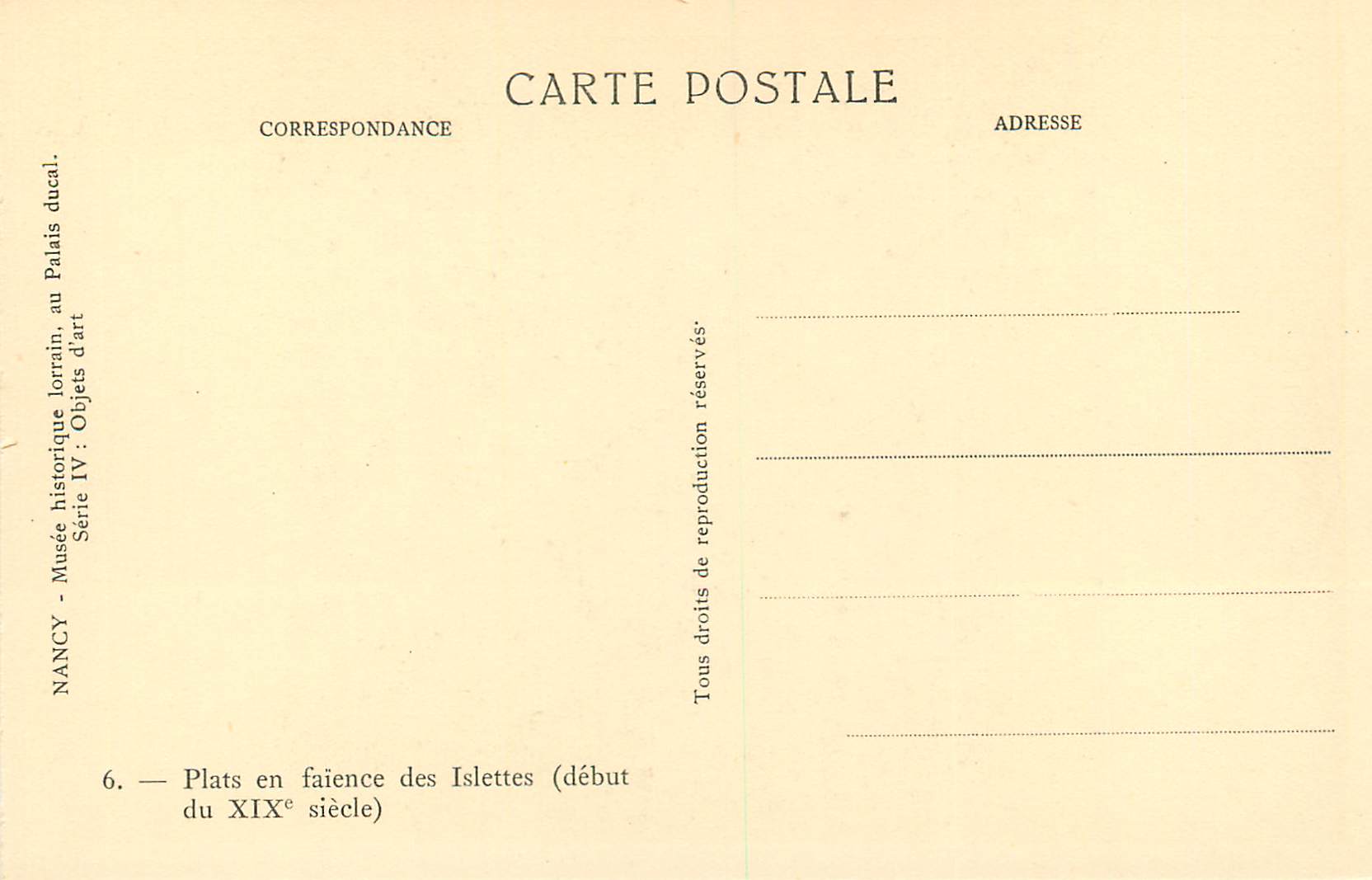 CPA Nancy Musee Historique Lorrain au Palais Ducal Plat en Faience des Islettes (Debut XIXe Siecle) — Rückseite