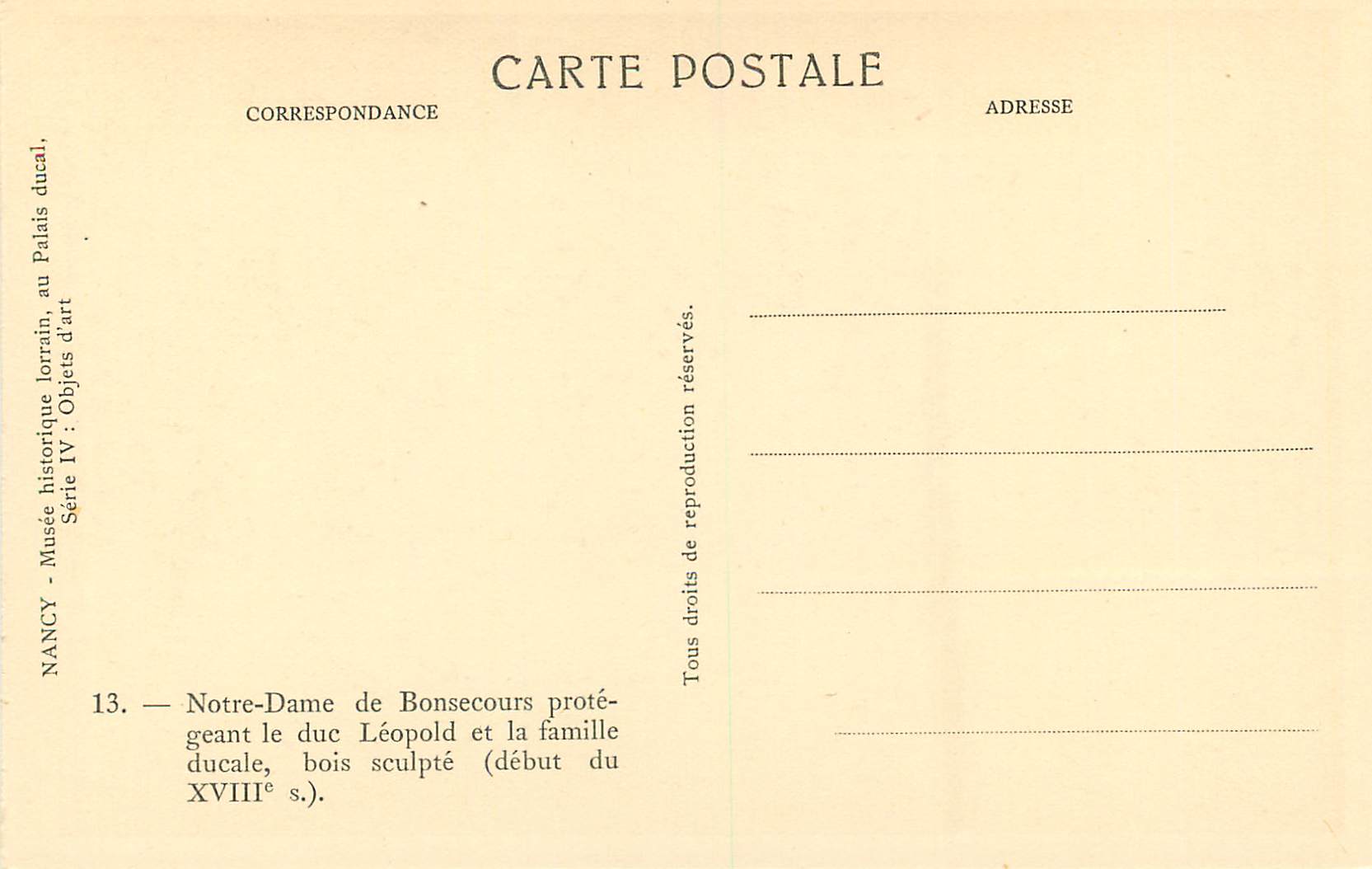 CPA Nancy Musee Historique Lorrain au Palais Ducal Notre Dame de Bonsecours Protegeant le Duc Leopold — Verso