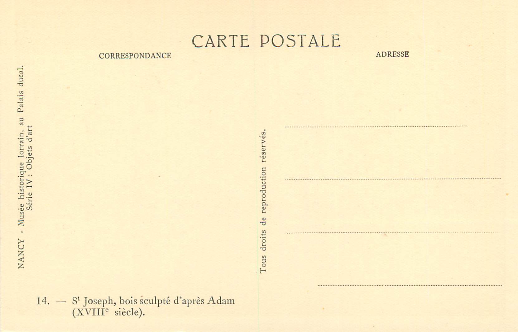CPA Nancy Musee Historique Lorrain au Palais Ducal St Joseph Bois Sculpte d'Apres Adam (XVIIIe Siecle) — Rückseite