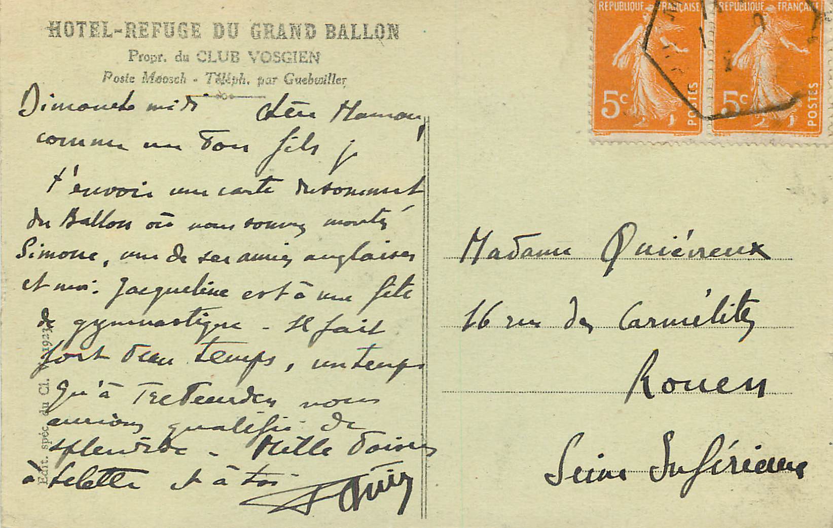Grand Ballon (Höhe 1424 m.) - Haut-Rhin — Hotel du Grand Ballon — Verleger nicht sichtbar — Rückseite