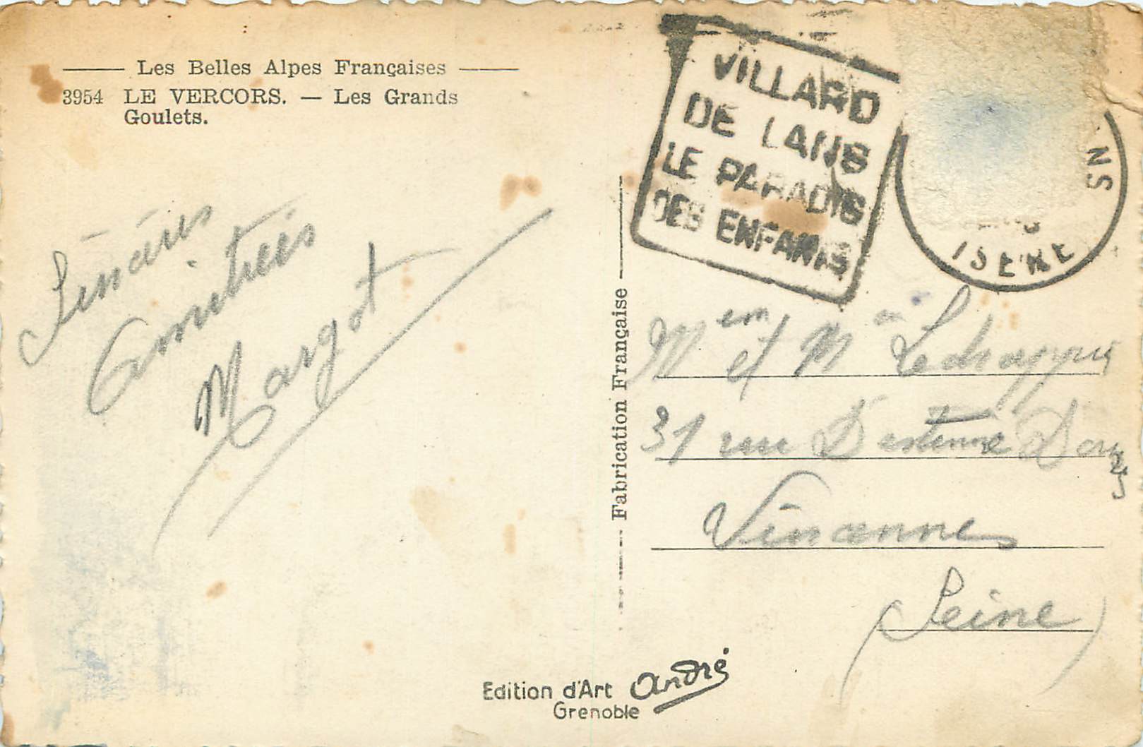 Les Grands Goulets — Les Belles Alpes Françaises — Édition d'Art André, Grenoble — Reverso
