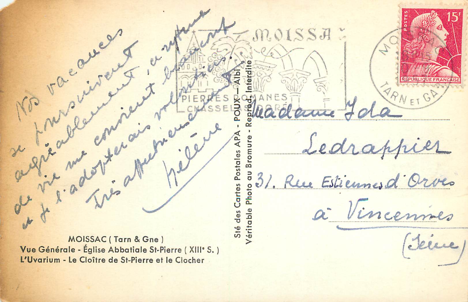 Moissac — Vue générale de l'abbatiale, de l'uvarium et du cloître — Sté des Cartes Postales APA — Verso