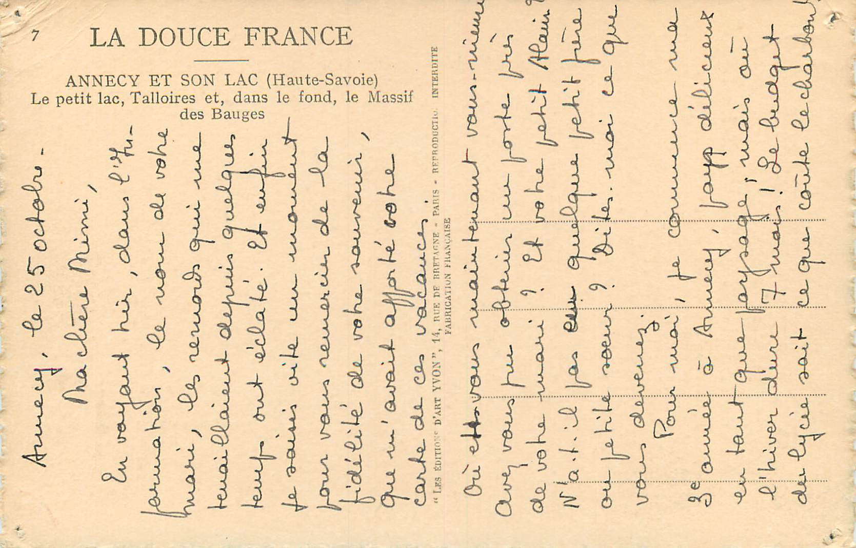 CPA La Douce de France Annecy et Son Lac (Haute Savoie) — Verso