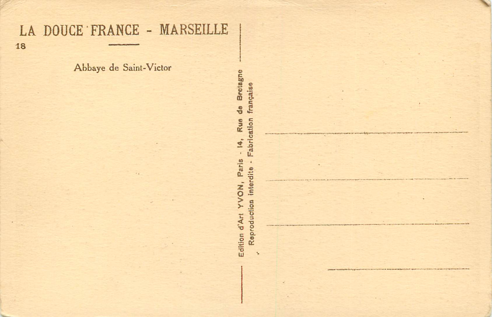CPA Douce de France Marseille Abbaye de Saint Victor — Verso