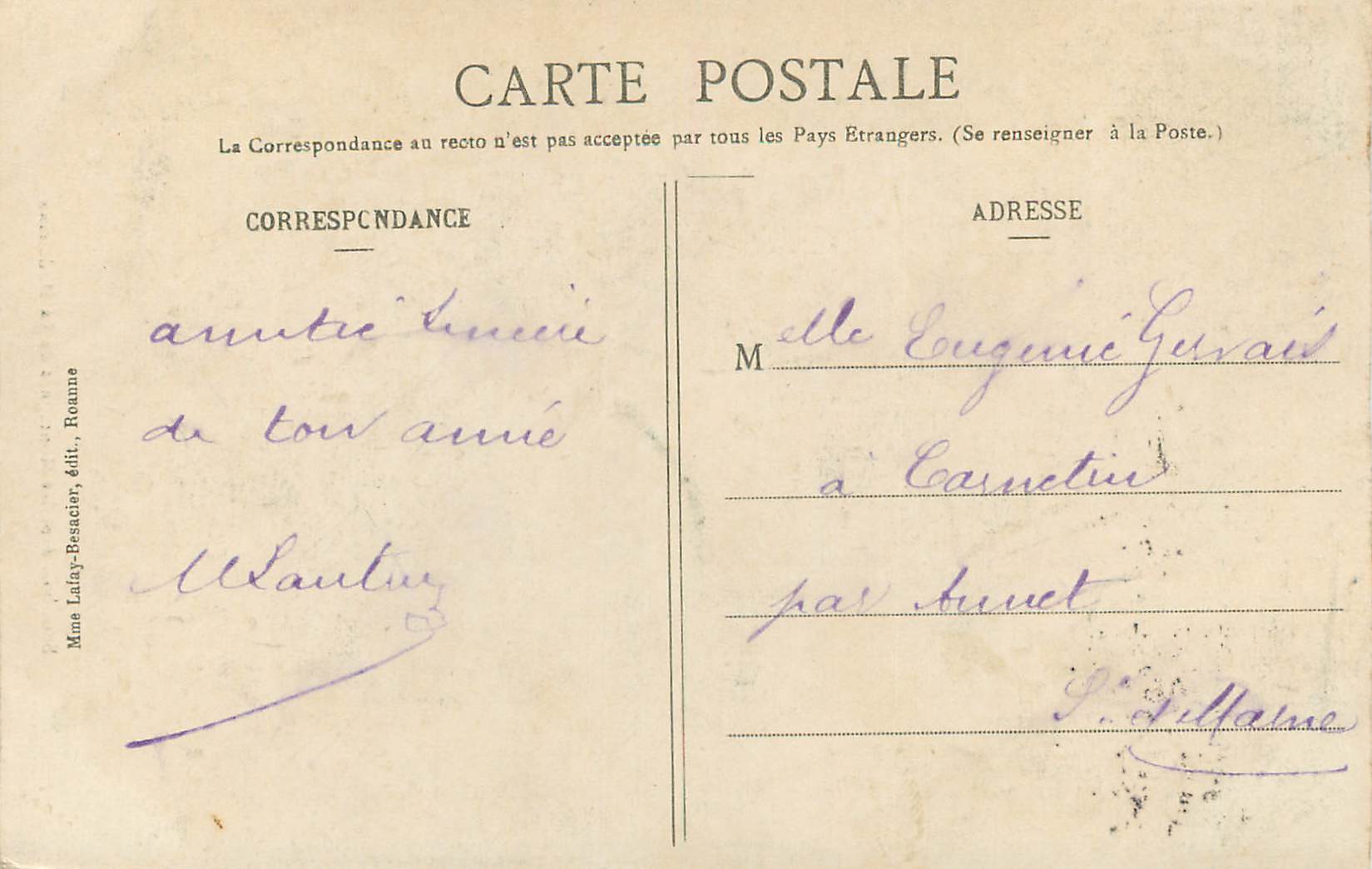 Sous bois dans les Montagnes de La Madeleine — Mme Lalay-Besacier, édit., Roanne — Rückseite