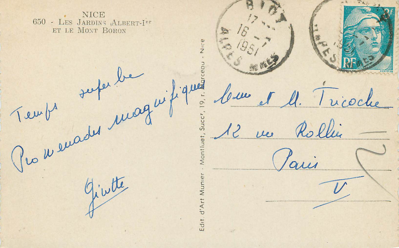 CPM Nice Les Jardins Albert Ier et le Mont Boron — Verso