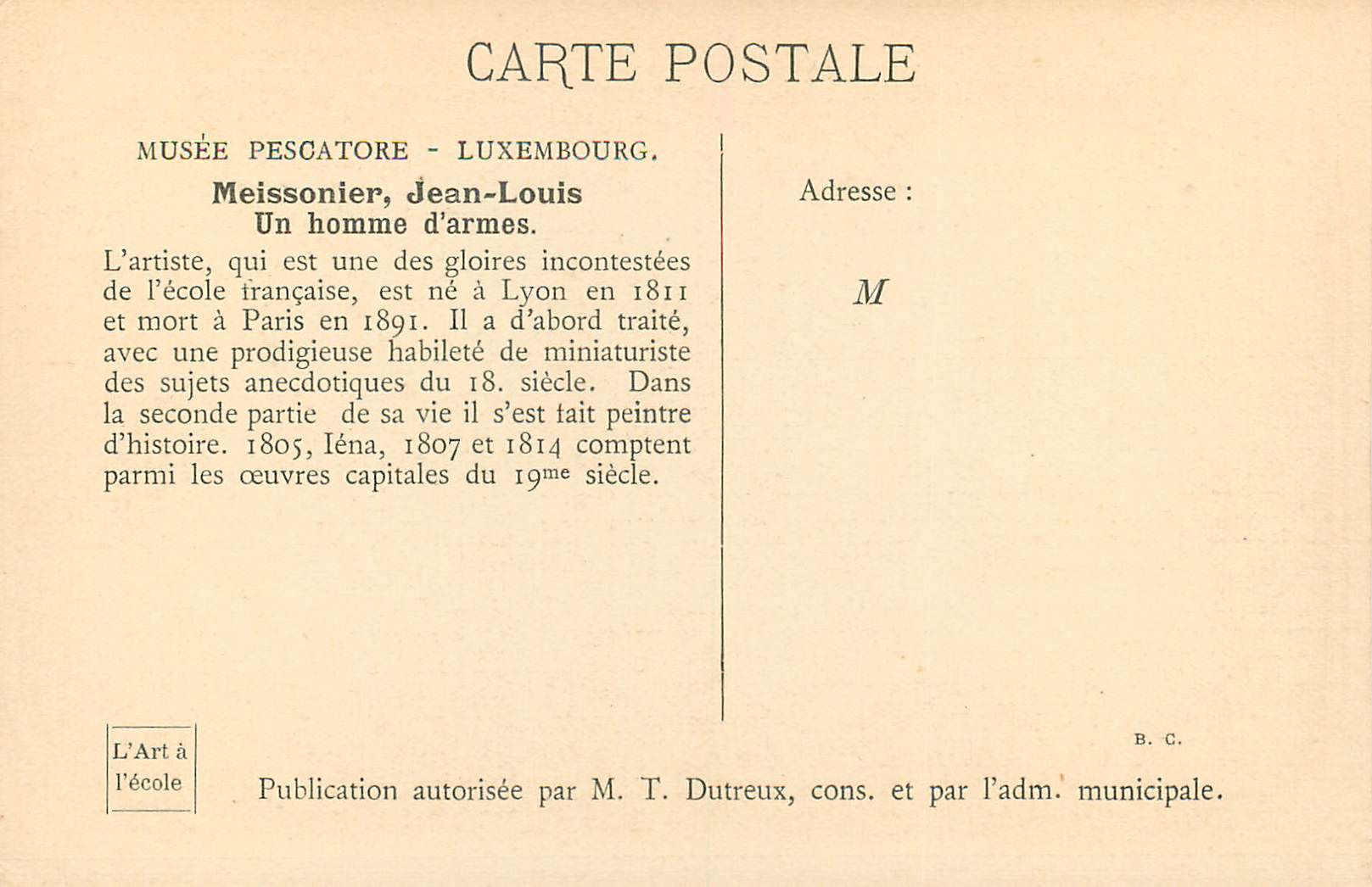 CPA Musee Pescatore Luxembourg Meissonier Jean Luis Un Homme d'Armes — Verso