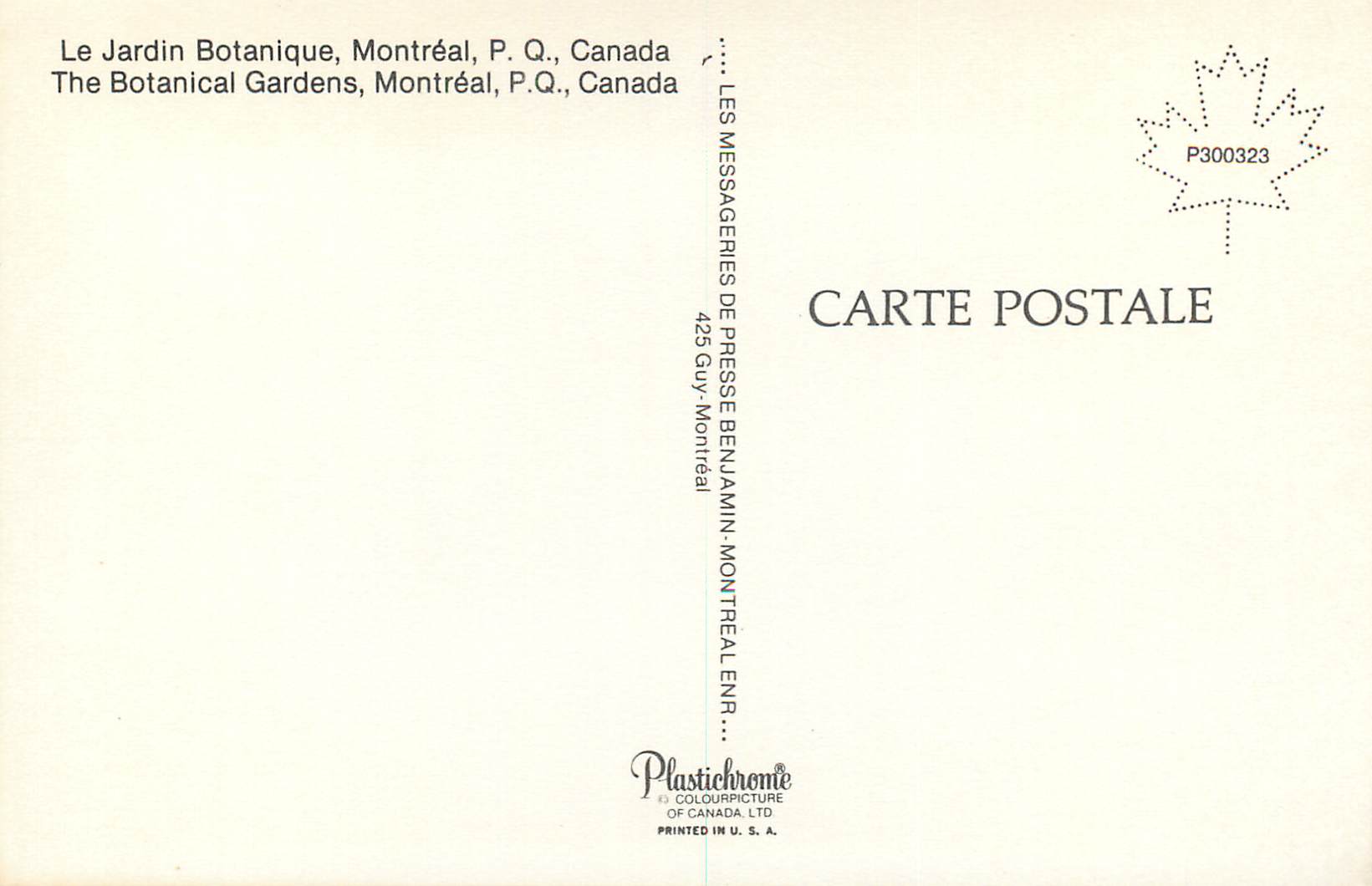 CPM Montreal PQ Canada Le Jardin Botanique — Back