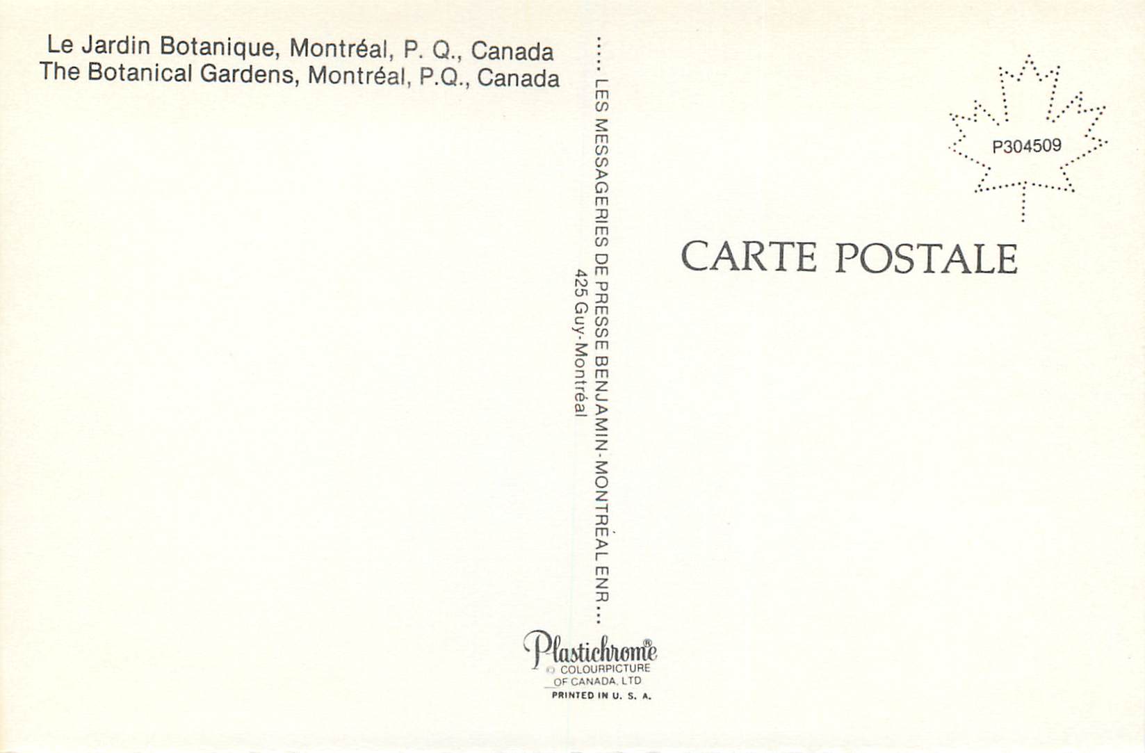 CPM Montreal PQ Canada Le Jardin Botanique — Back